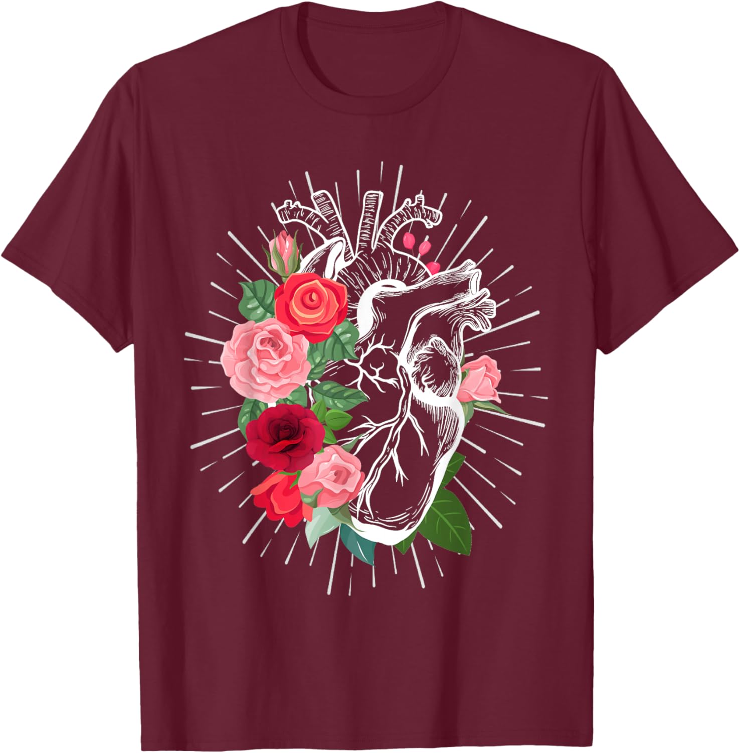 Anatomical Heart And Flowers - Anatomical heart T-Shirt - T-Shirt | Maroon