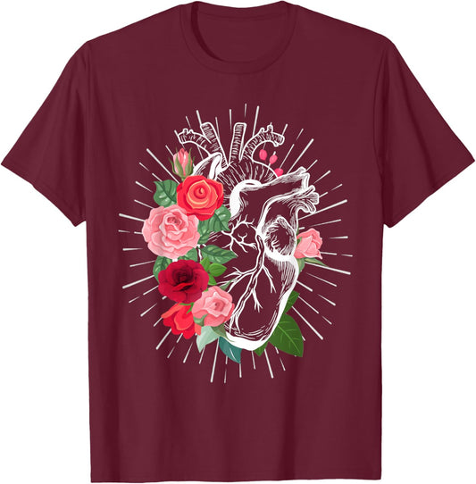 Anatomical Heart And Flowers - Anatomical heart T-Shirt - T-Shirt | Maroon