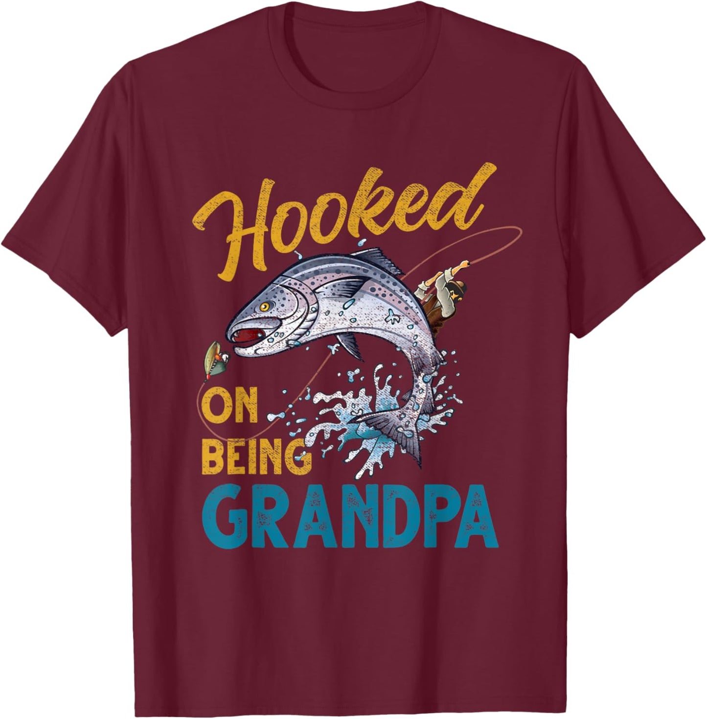 Vintage Hooked On Being Grandpa Funny Fishing Fathers Day T-Shirt - T-Shirt | Maroon