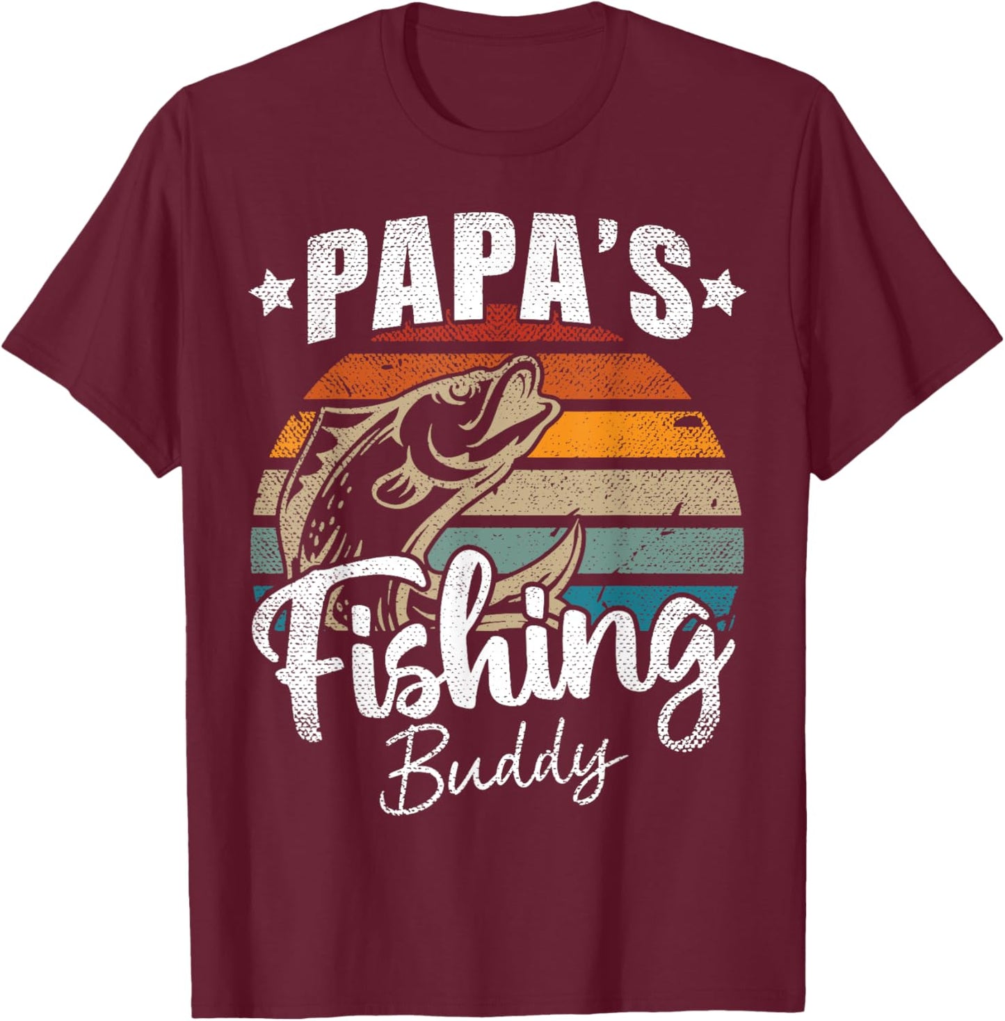 Vintage Papa's Fishing Buddy Kids Funny Retro Sunset fish T-Shirt - T-Shirt | Maroon