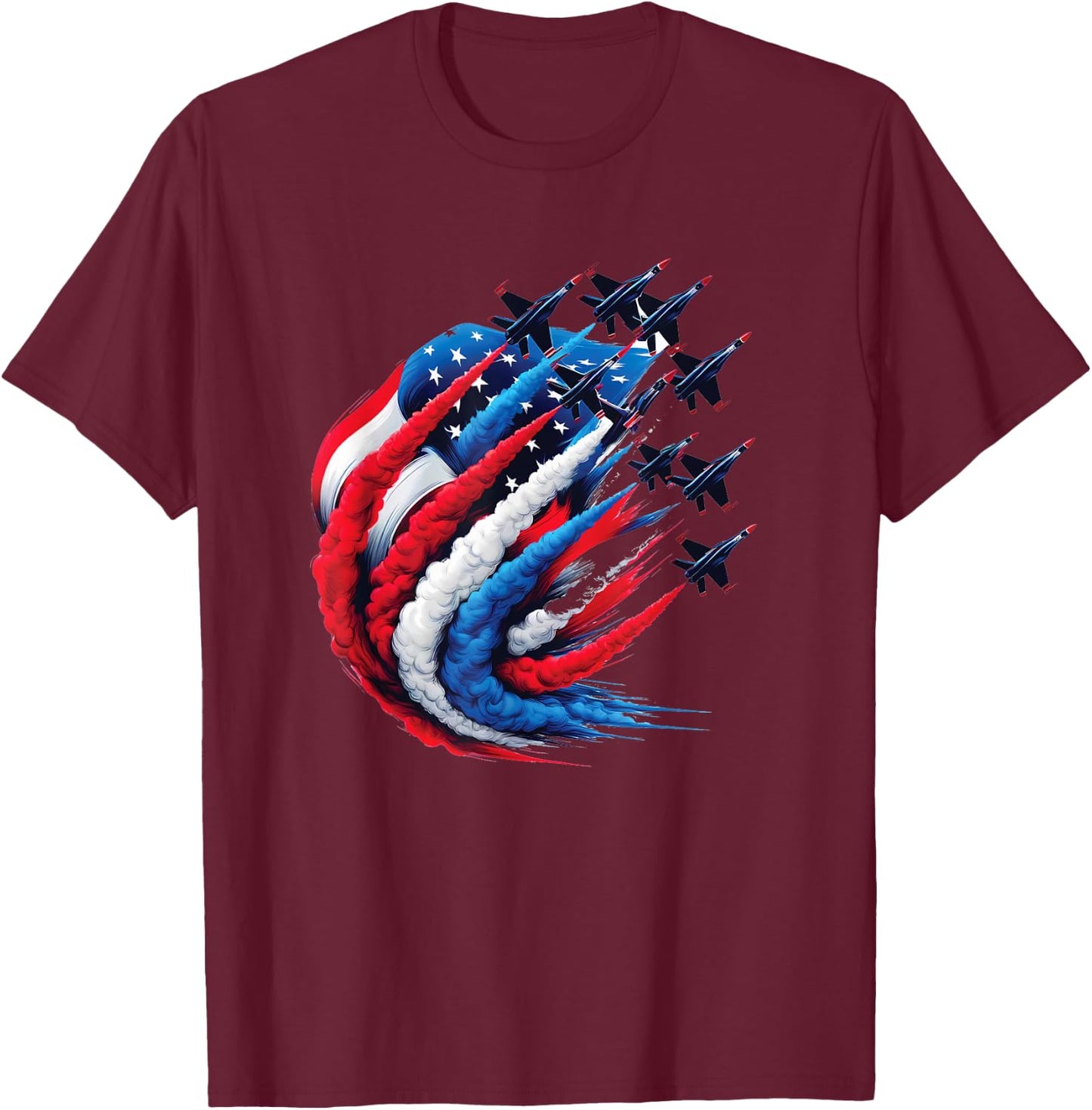 Fighter Jets Patriotic Red White Blue Smoke USA Flag T-Shirt - T-Shirt | Maroon