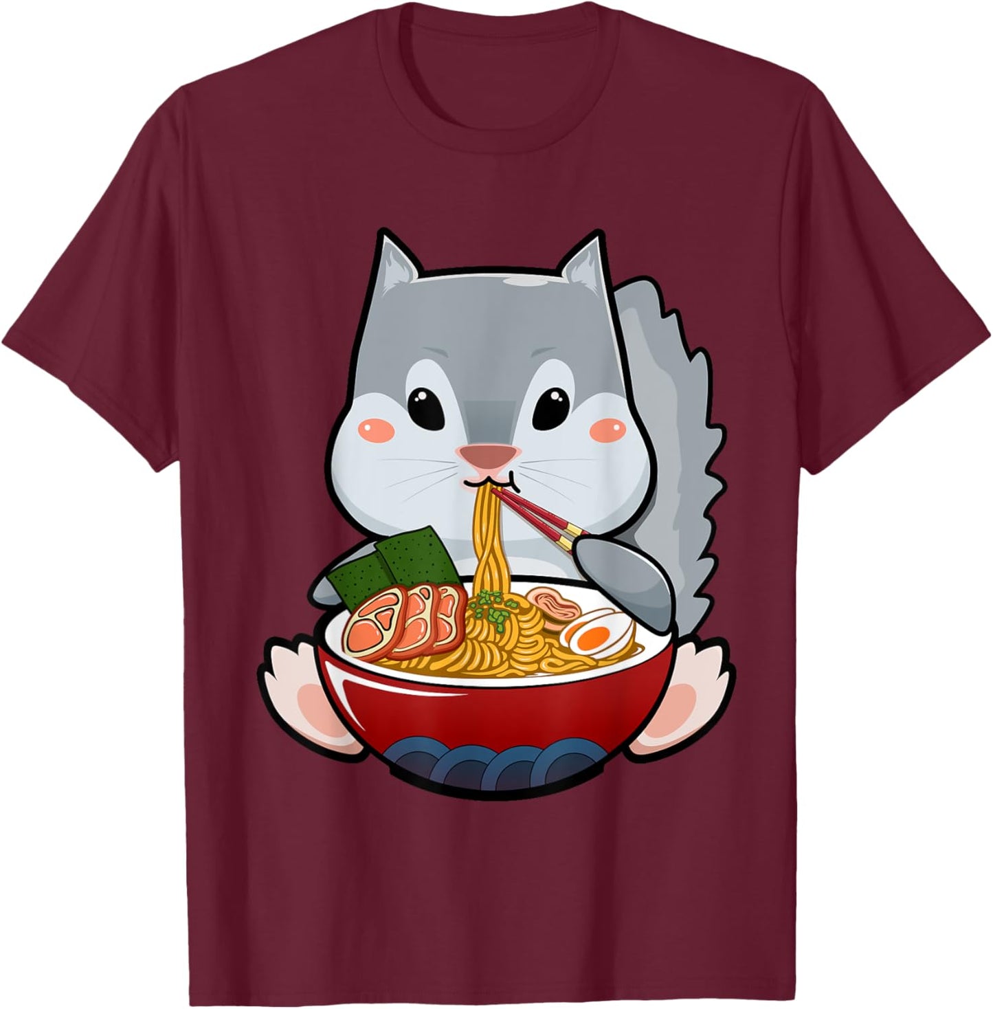 Momonga Squirrel Eating Ramen Noodle Funny Kawaii Udon Anime T-Shirt - T-Shirt | Maroon