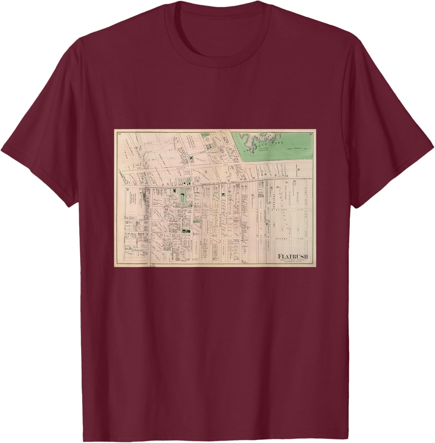 Vintage Flatbush NY Map (1873) T-Shirt - T-Shirt | Maroon