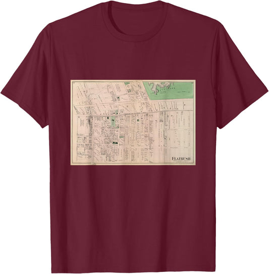 Vintage Flatbush NY Map (1873) T-Shirt - T-Shirt | Maroon