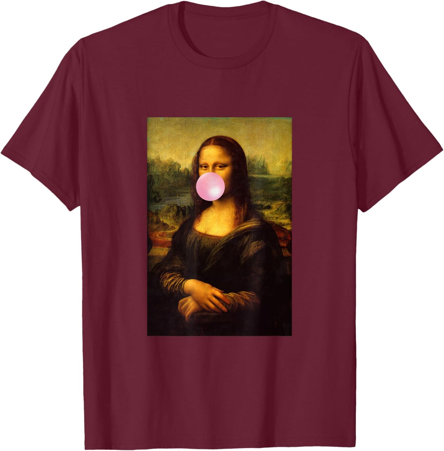 Enjoy Wear Sarcastic French Mona Lisa Chewing Bubble Gum Fun T-Shirt - T-Shirt | Maroon