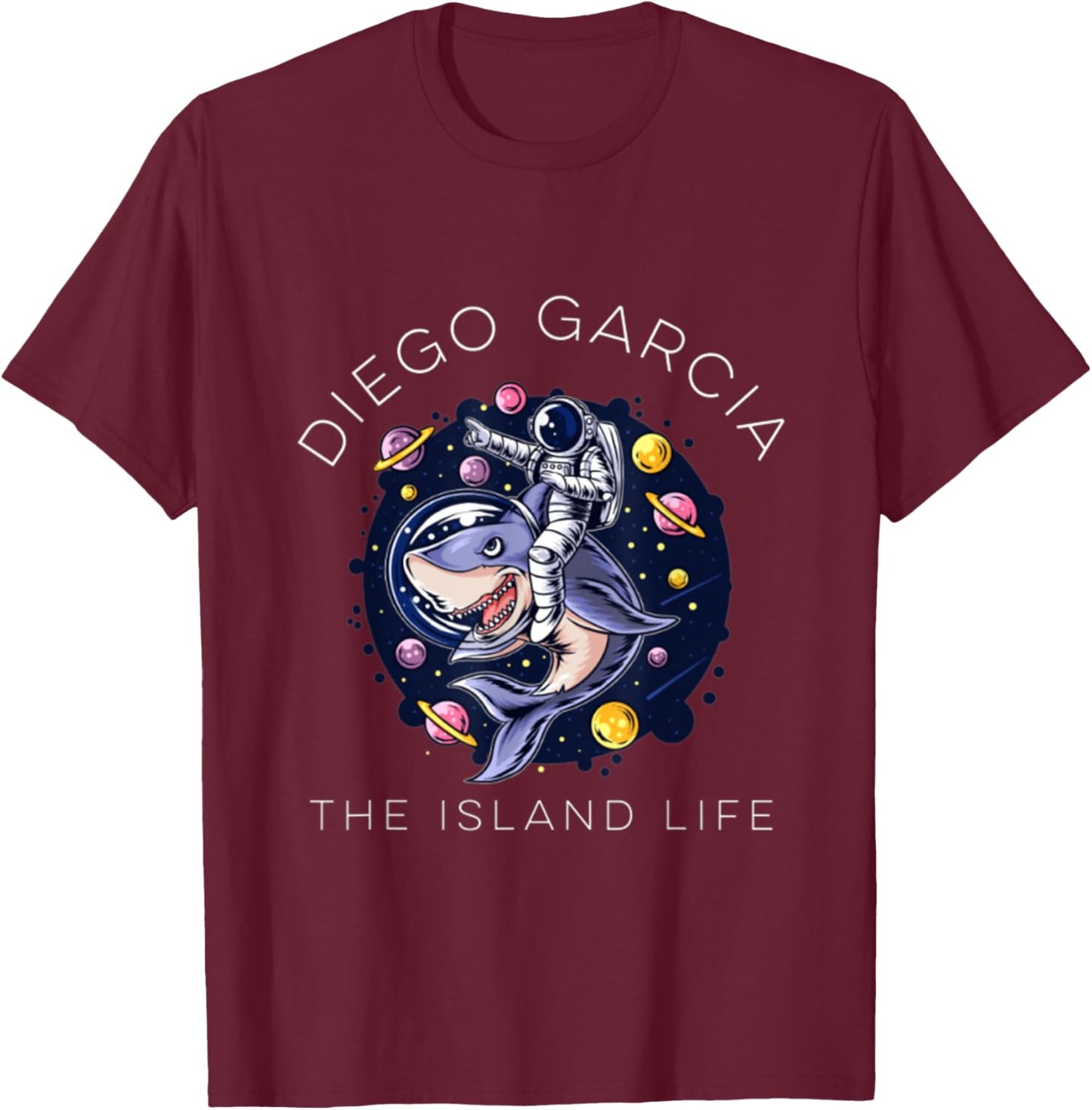 Diego Garcia Island Shark Space Astronaut T-Shirt - T-Shirt | Maroon