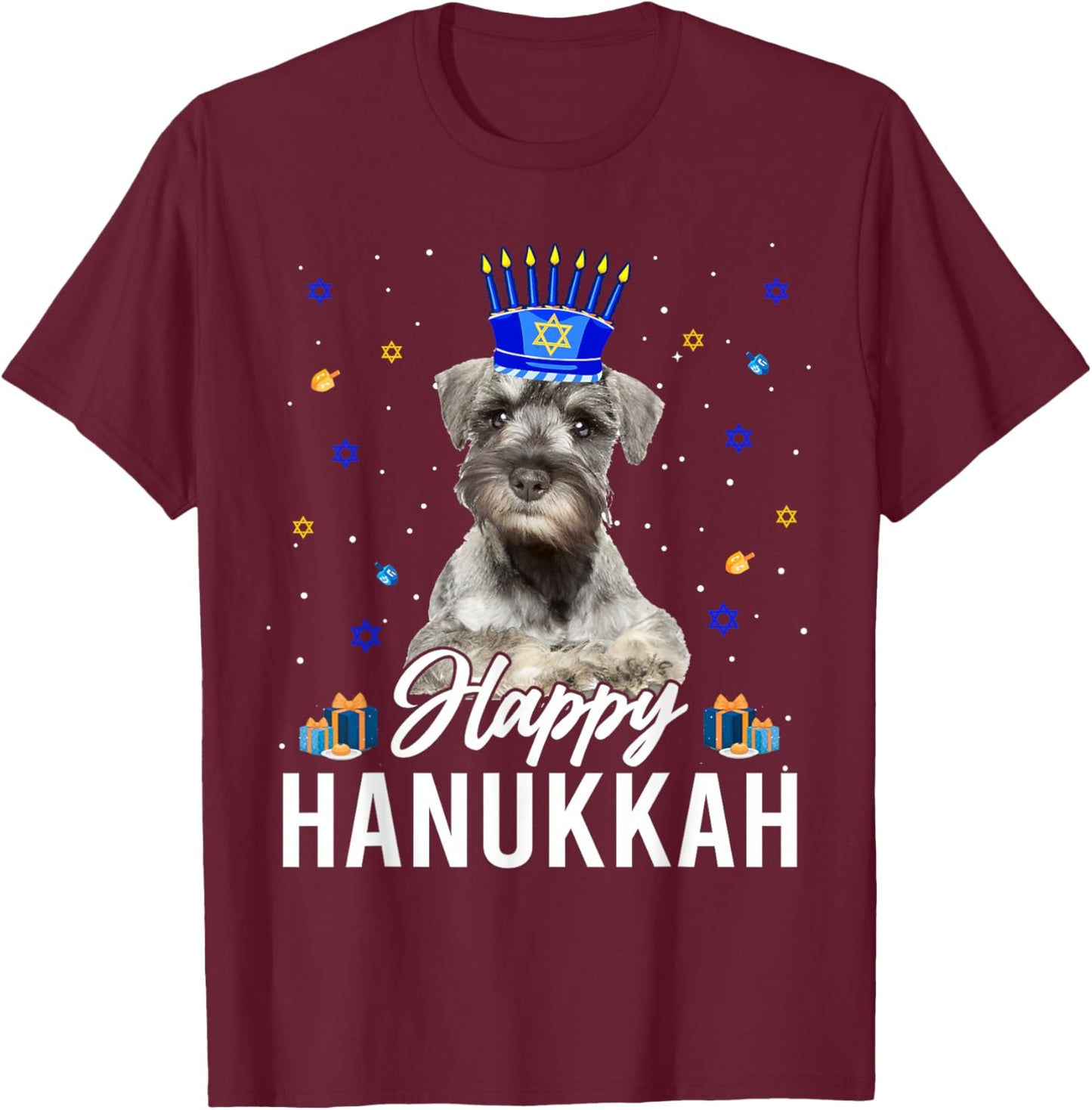 Happy Hanukkah Miniature Schnauzer Menorah Hat Jewish Xmas T-Shirt - T-Shirt | Maroon