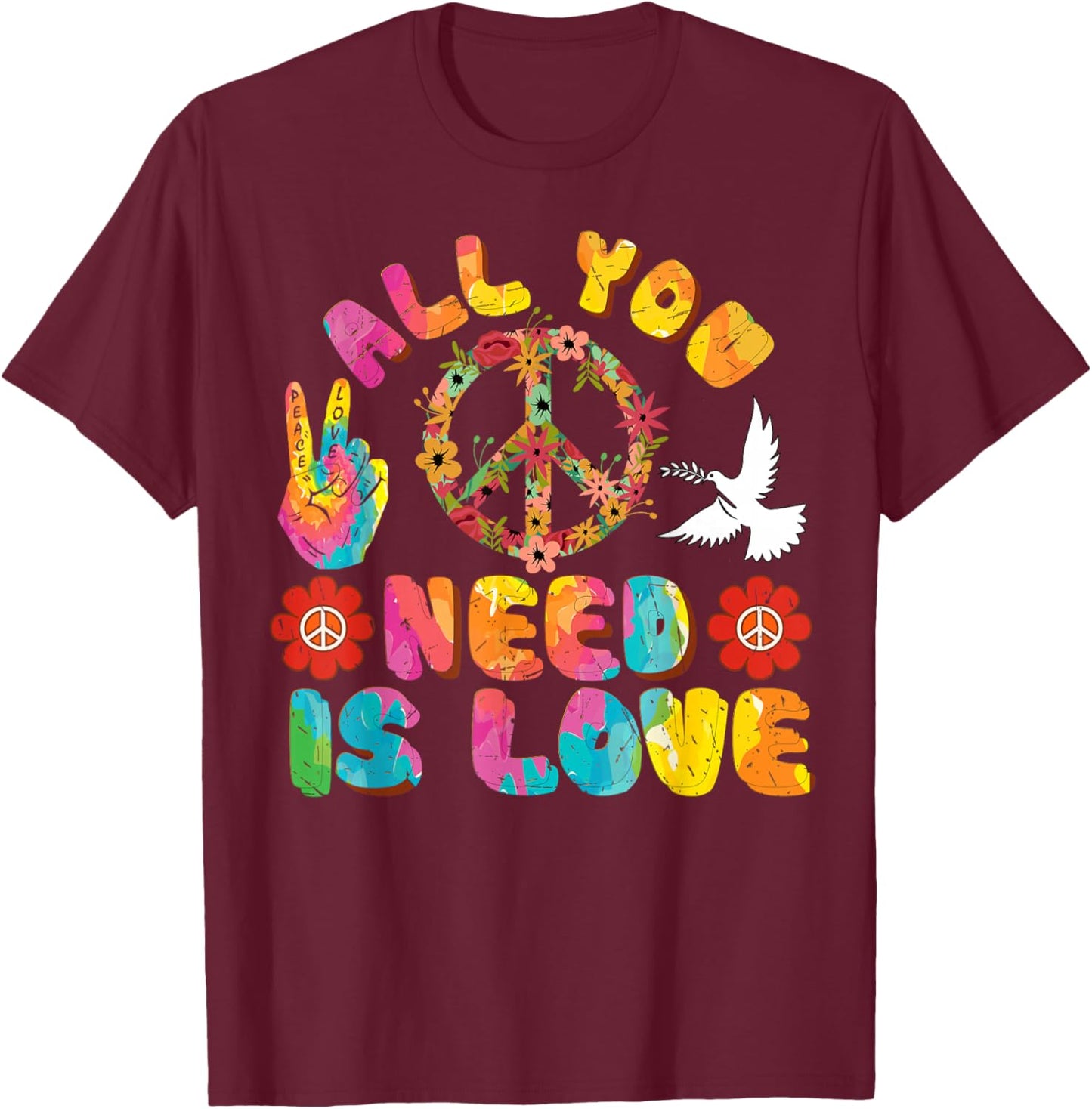 Tye Dye Peace Sign 70s Tie Dye Hippie Peace Sign T-Shirt - T-Shirt | Maroon