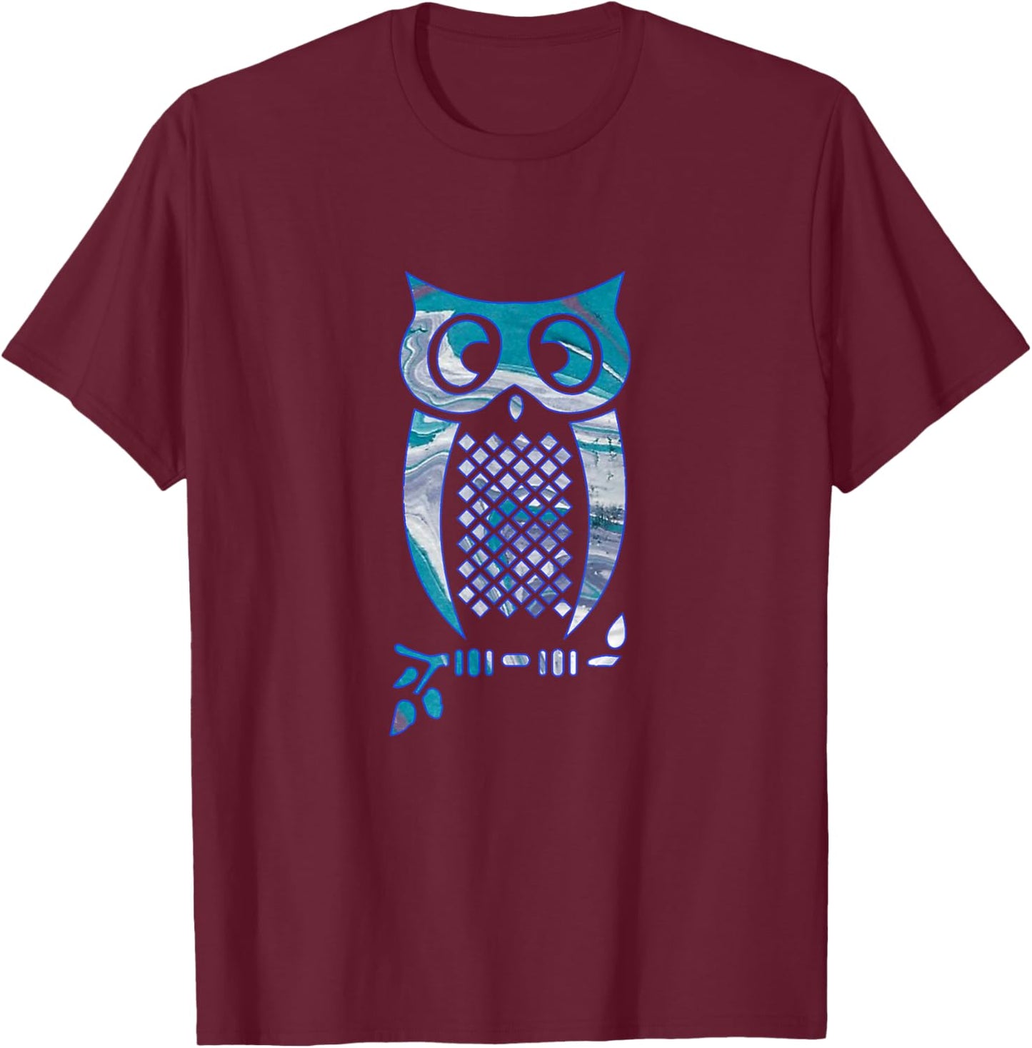 Turquoise, Lavender, Purple Swirl with Owl Design on Apparel T-Shirt - T-Shirt | Maroon