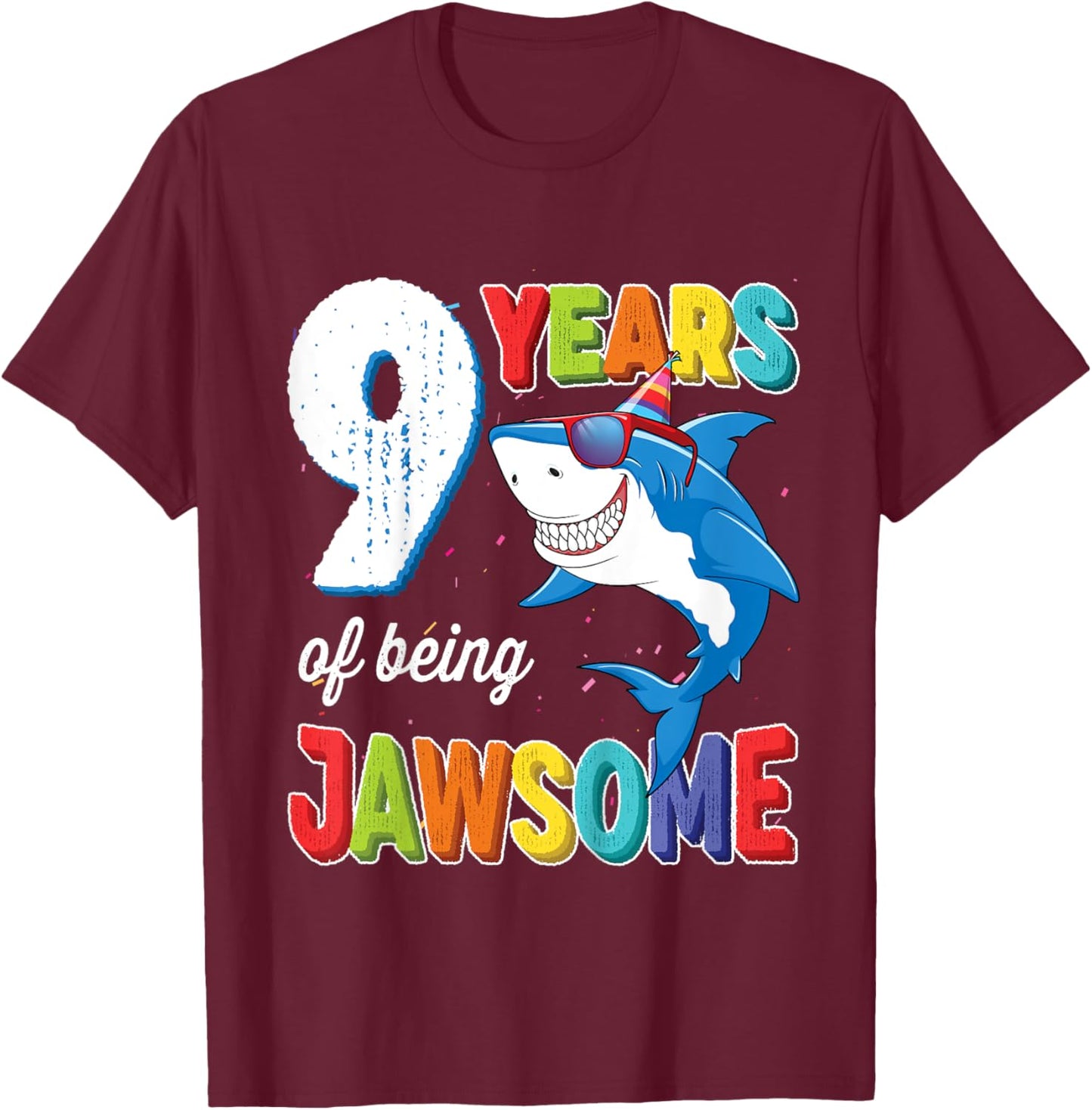 Kids 9 Year Old Boys Kids JawSome Shark 9th Birthday T-Shirt - T-Shirt | Maroon