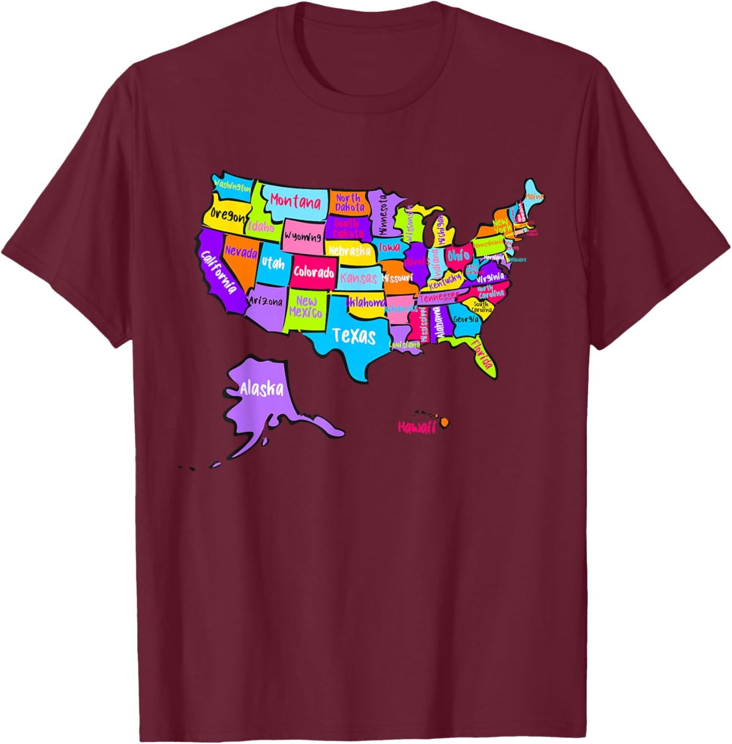 United States of America Colorful Map with State Names T-Shirt - T-Shirt | Maroon