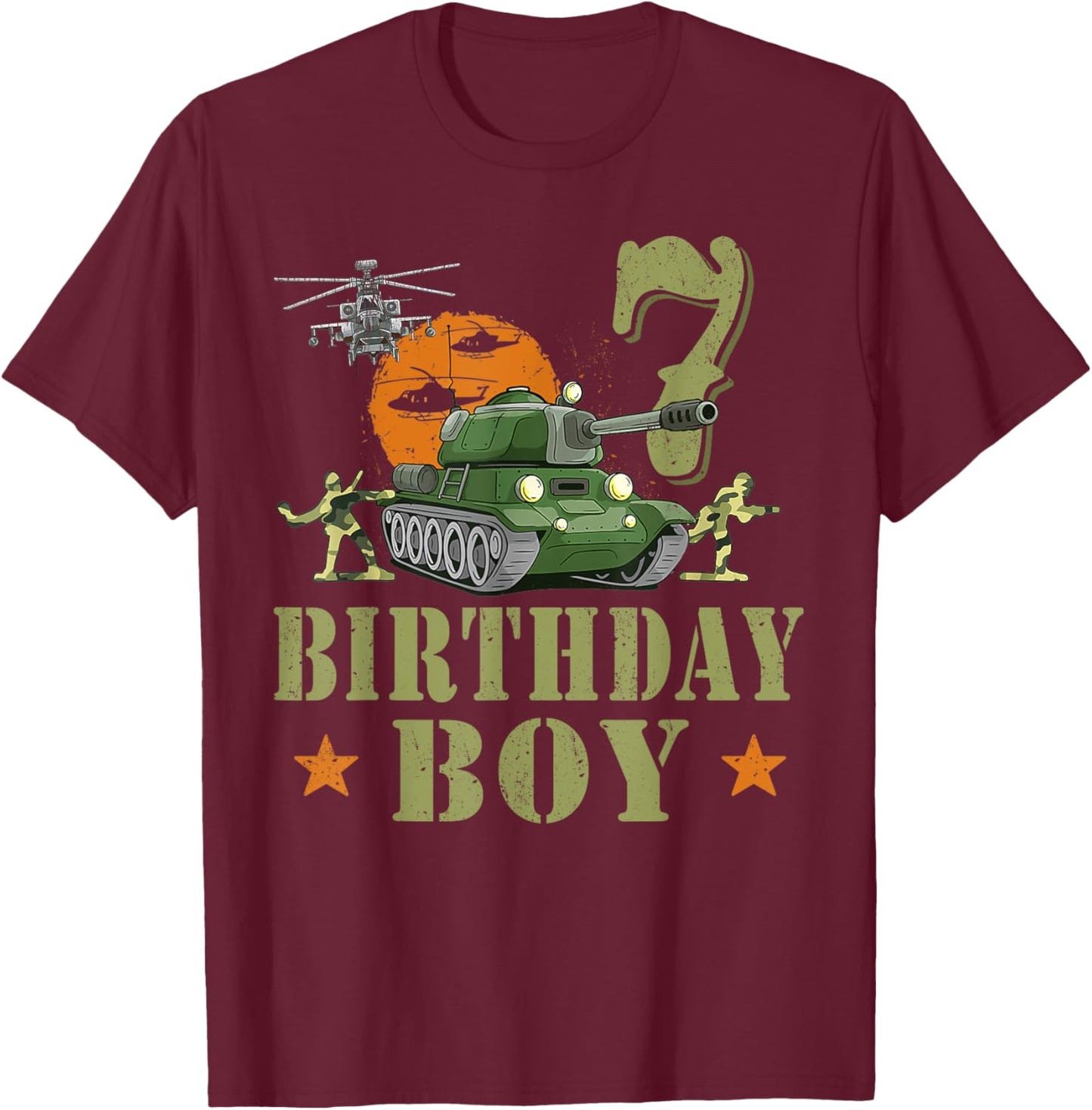 7 Year Old Birthday Boy Army Party 7th Birthday Camo T-Shirt - T-Shirt | Maroon