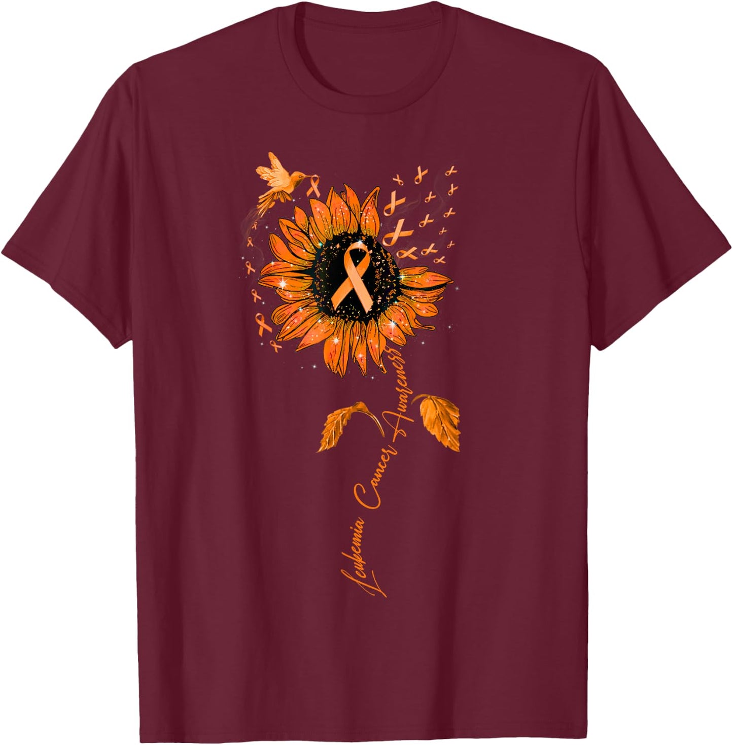 Leukemia Awareness Sunflower Orange Ribbon T-Shirt - T-Shirt | Maroon