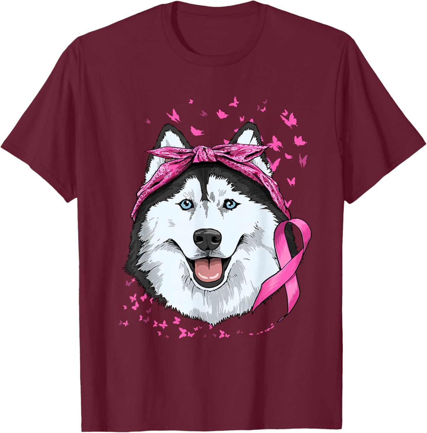Siberian Husky Pink Ribbon Breast Cancer Awareness Survivor T-Shirt - T-Shirt | Maroon