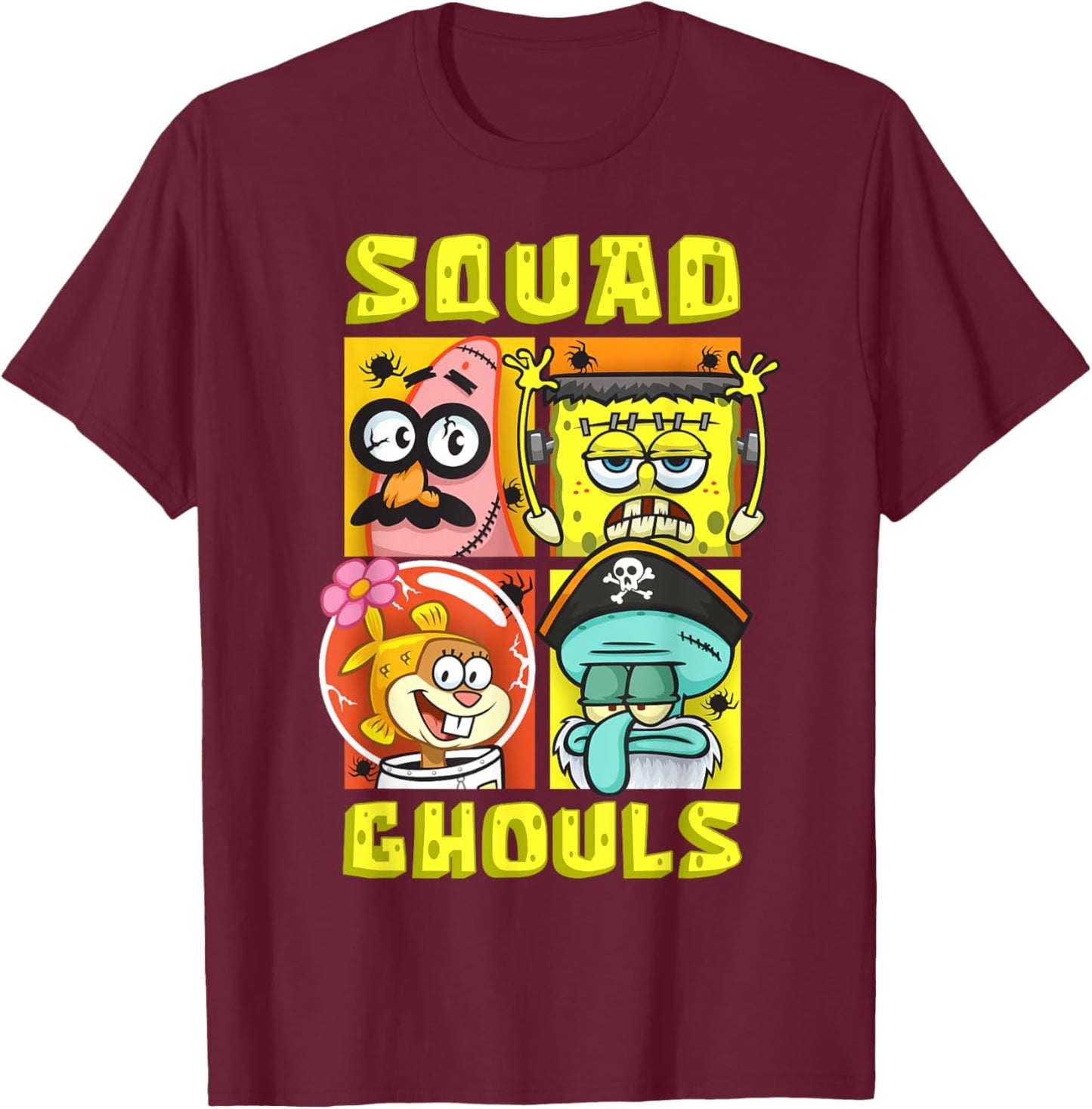 Mademark x SpongeBob SquarePants - SpongeBob Patrick Squidward Sandy Halloween Squad Ghouls Fun T-Shirt - T-Shirt | Maroon