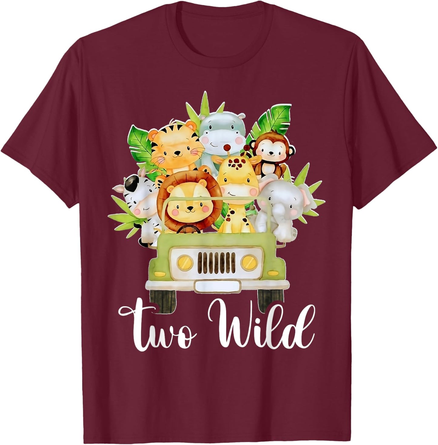 Kids Two Wild 2nd Birthday Boy Funny Wild Animal Toddler Boy T-Shirt - T-Shirt | Maroon