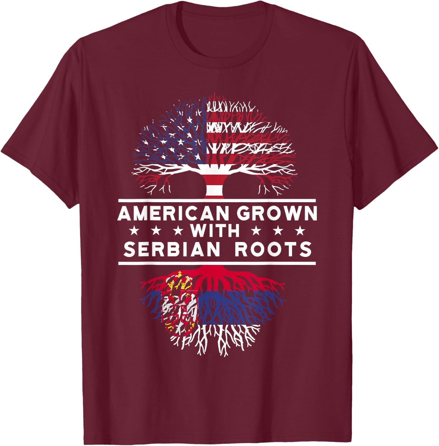 National Flags & Roots Proud Heritage Gifts American Grown with Serbian Roots - Serbia - -Adults - Black - Small - Short Sleeve - - Modern Casual - Flag - Vacation T-Shirt - T-Shirt | Maroon