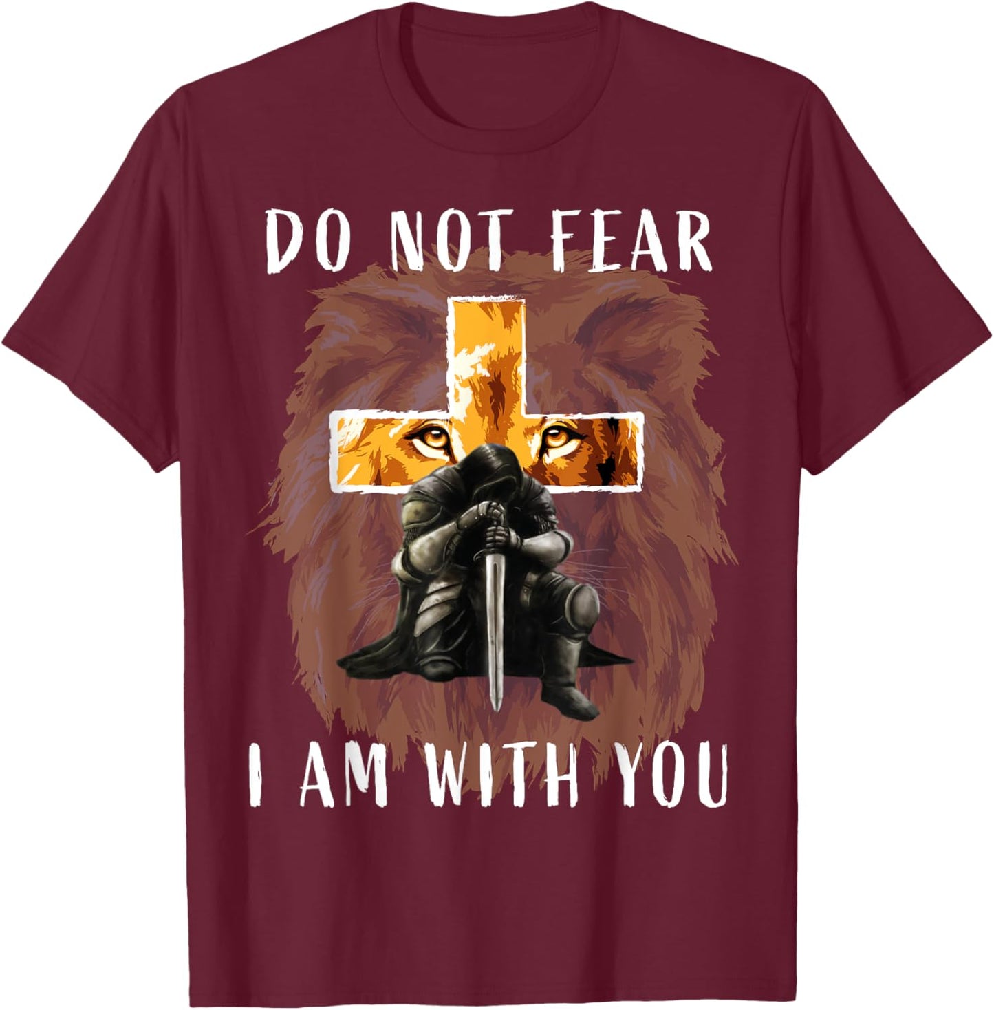 Christian Bible Verse Shirt Men Dad Lion Faith Fear Graphic T-Shirt - T-Shirt | Maroon