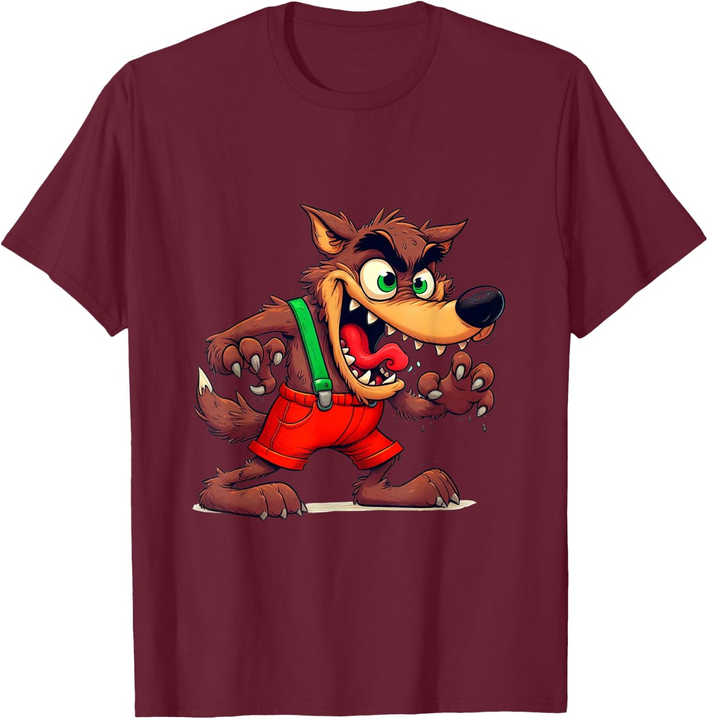 Bad Wolf in a costume with 3 Pigs on the back by houses T-Shirt - T-Shirt | Maroon