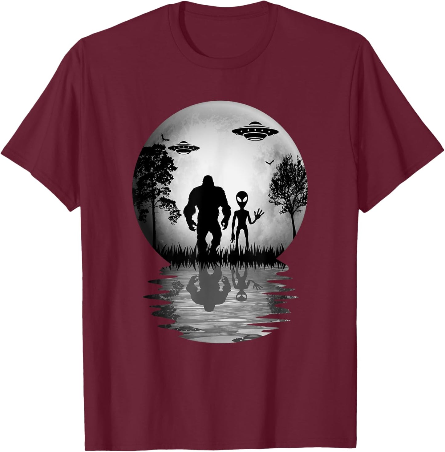 Funny Alien Bigfoot Moon Sasquatch UFO For Boys T-Shirt - T-Shirt | Maroon