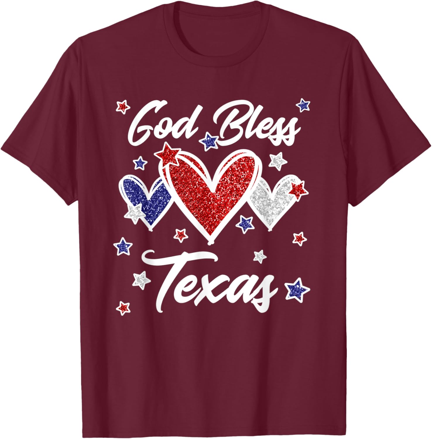 God Bless Texas Patriotic American Flag Hearts T-Shirt - T-Shirt | Maroon