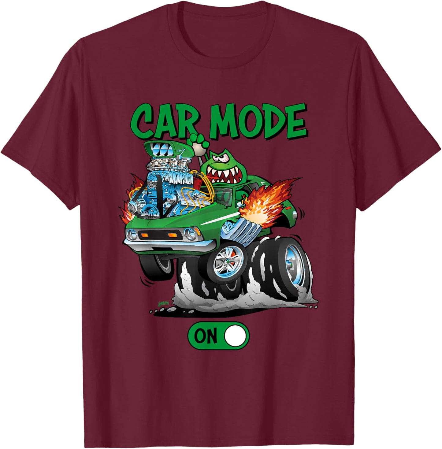 Car Mode On Funny Seventies Classic Car Dragster Cartoon T-Shirt - T-Shirt | Maroon
