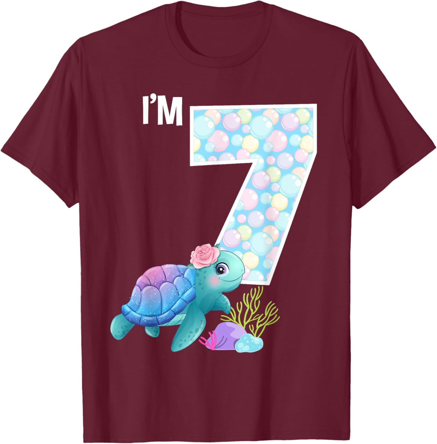Sea Turtle Birthday I'm 7 Ocean Aquarium Theme 7th Birthday T-Shirt - T-Shirt | Maroon
