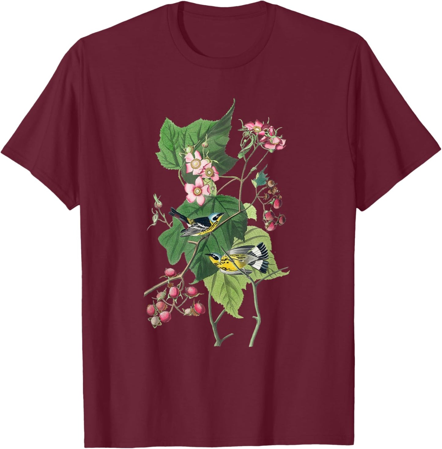 Vintage Warblers Birds Illustration & Women T-Shirt - T-Shirt | Maroon