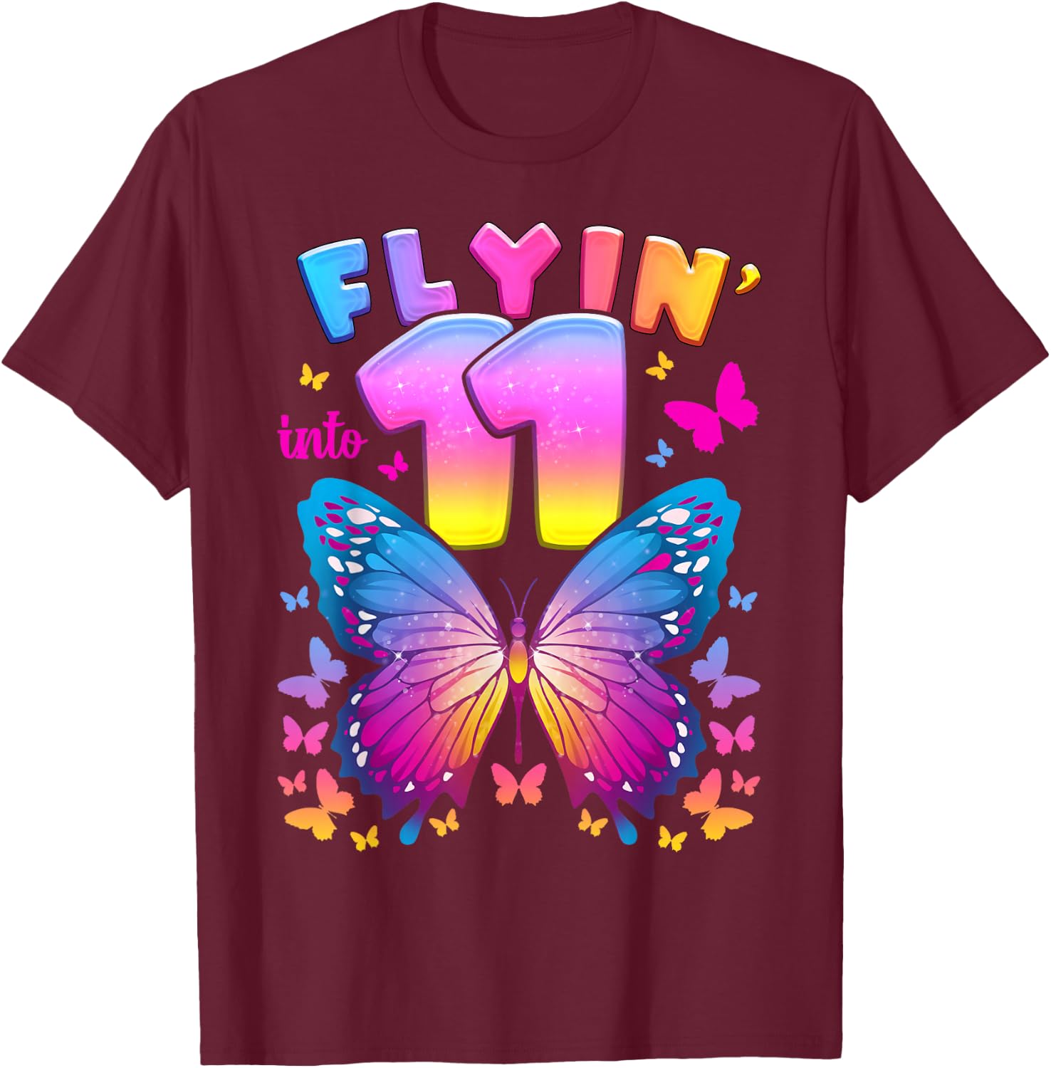 11th Birthday Girl Age 11 Butterfly Number 11 T-Shirt - T-Shirt | Maroon