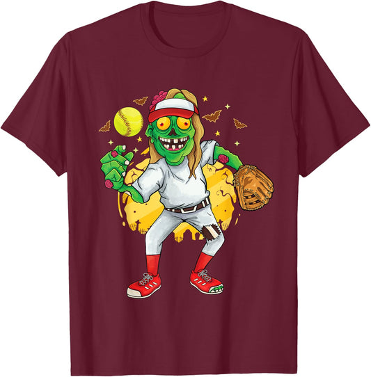 Zombie softball pitcher Girls Kids Teens Halloween Costume T-Shirt - T-Shirt | Maroon