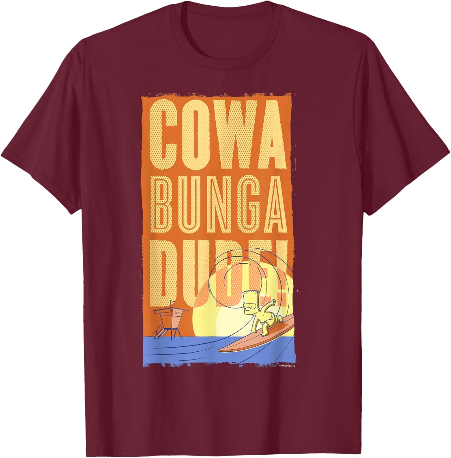 The Simpsons Bart Surfing Cowabunga Dude! Poster V2 T-Shirt - T-Shirt | Maroon