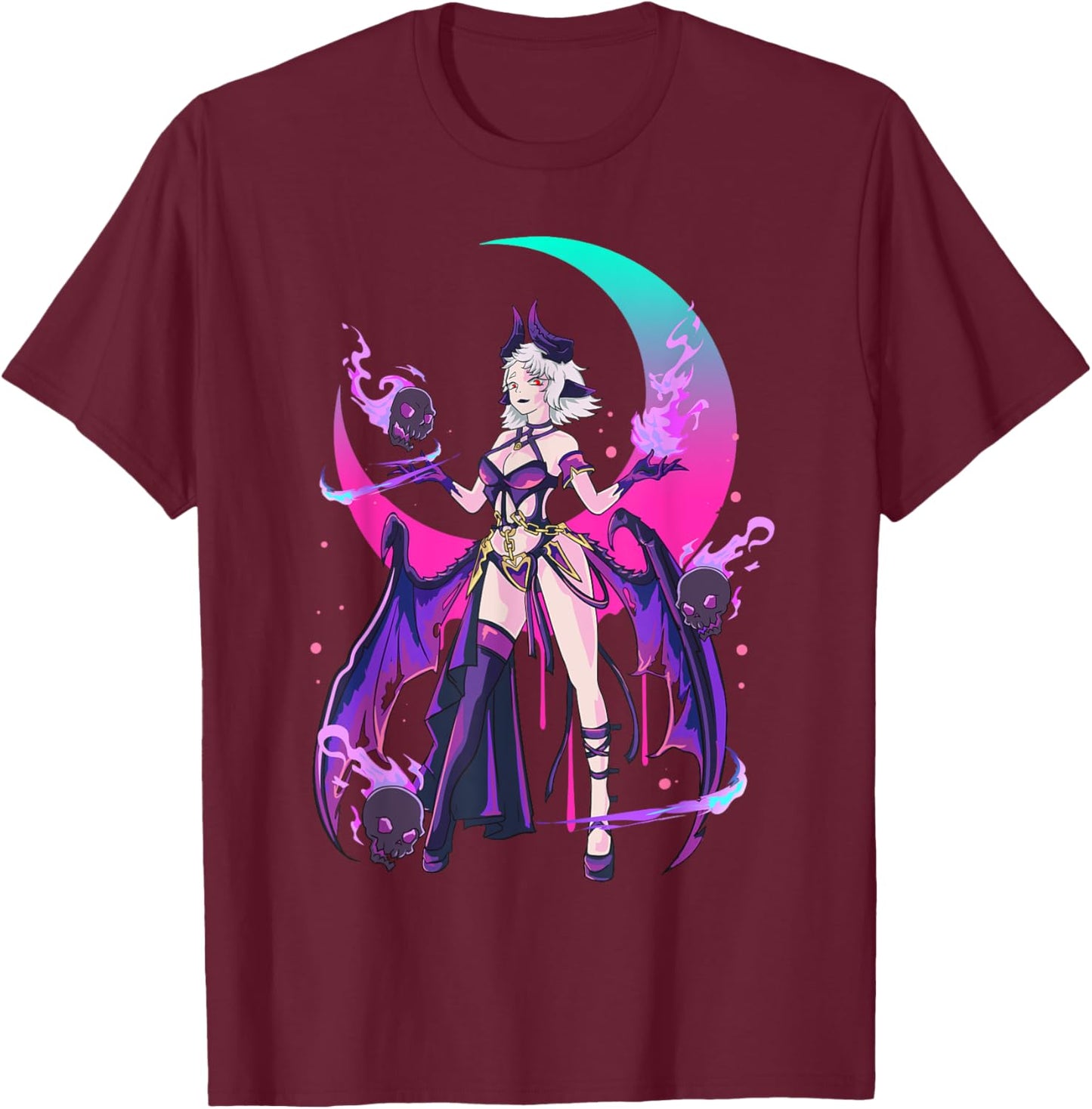 Sexy Anime Devil Witchy Skull Moon Fire Japanese Otaku Magic T-Shirt - T-Shirt | Maroon