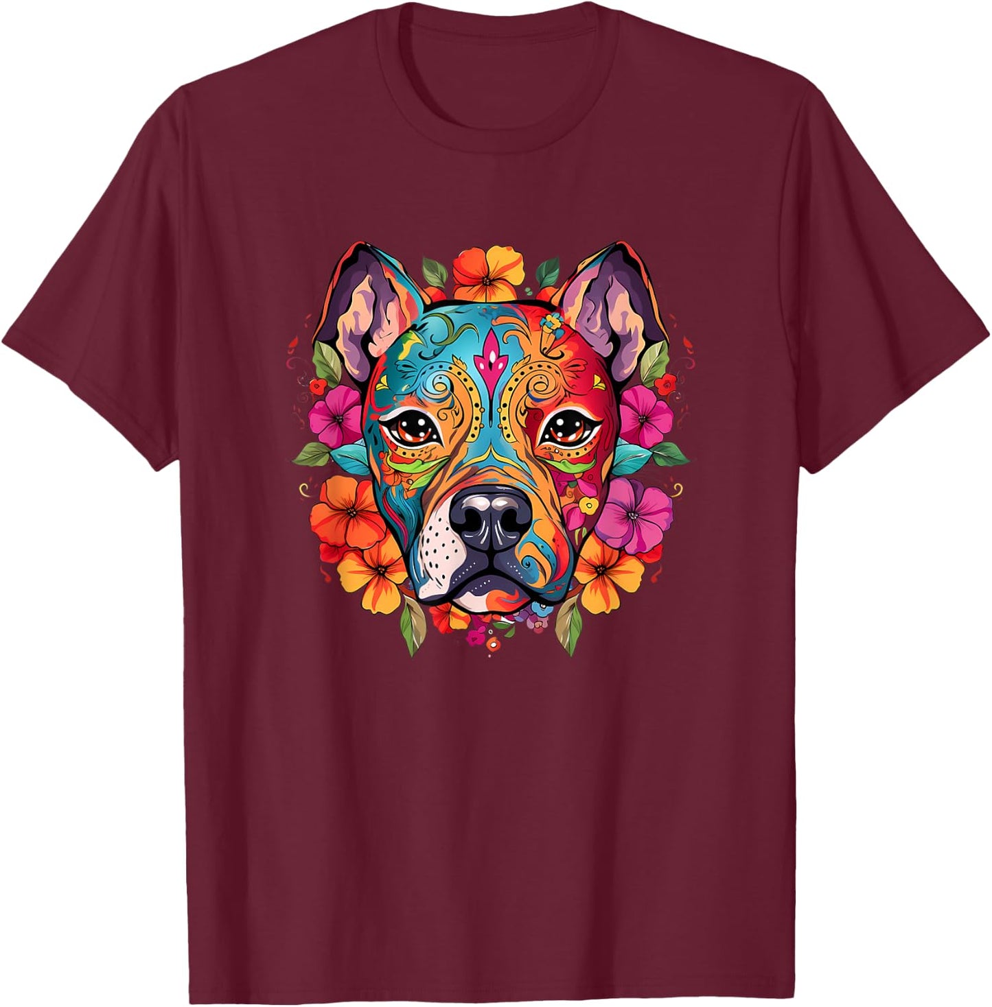 Halloween, Pit Bull, Sugar Skull, Funny, Dogs, Flowers T-Shirt - T-Shirt | Maroon