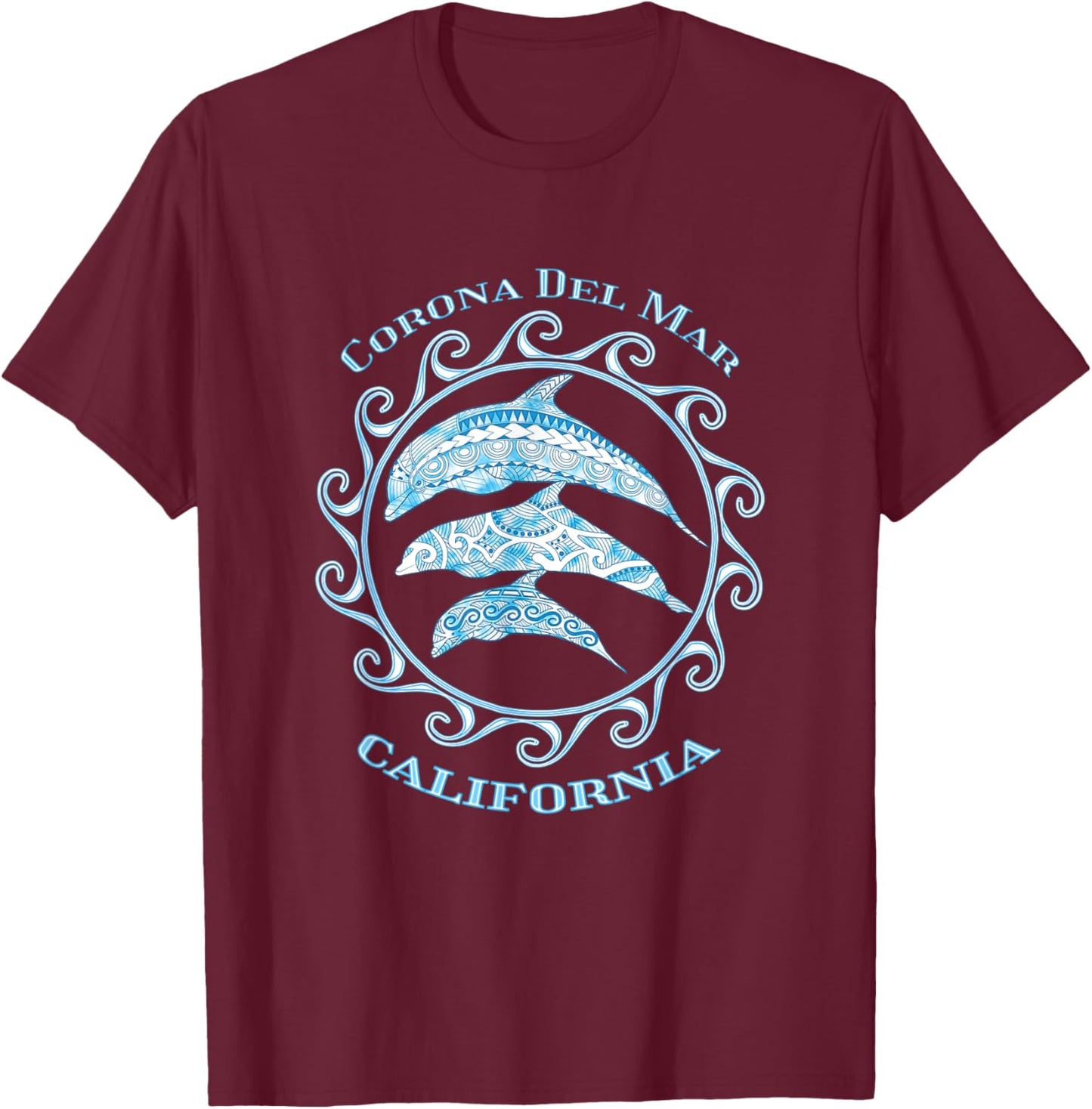 Corona Del Mar California Tribal Dolphins Ocean Animals T-Shirt - T-Shirt | Maroon