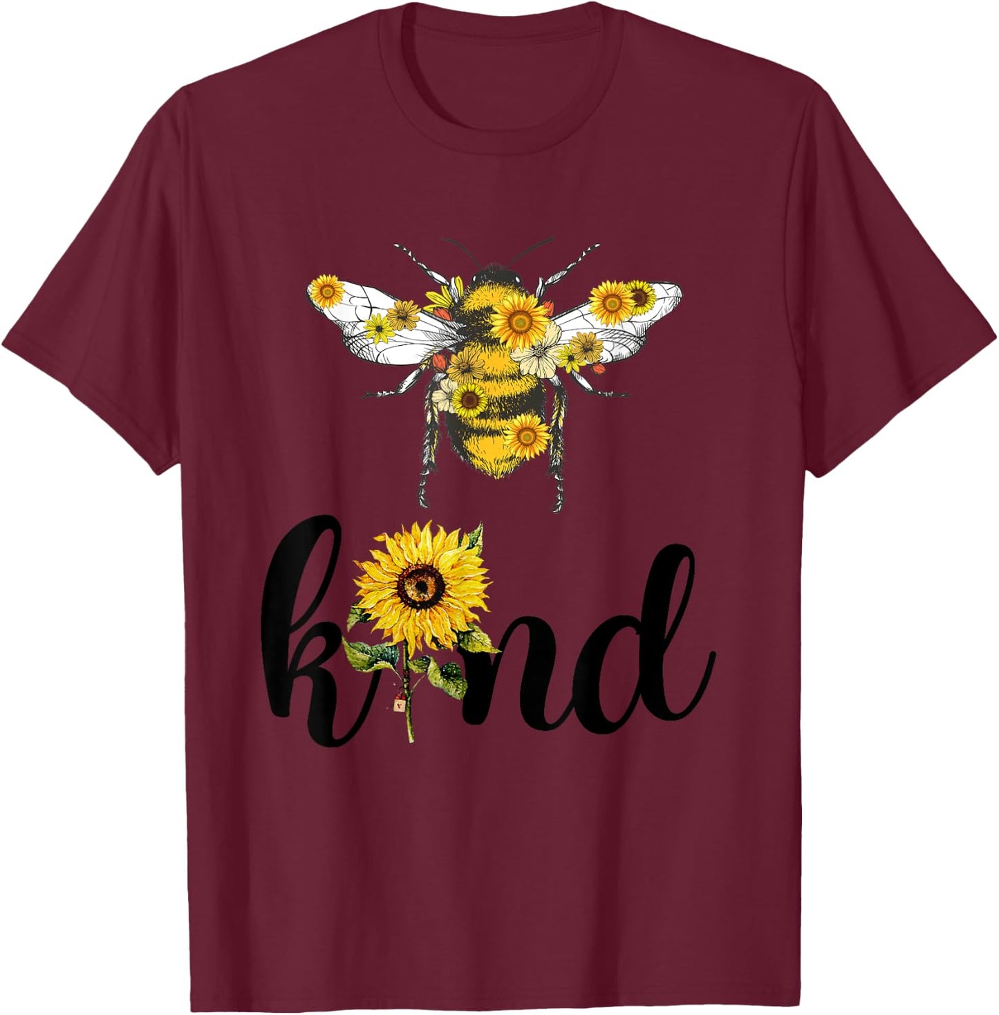 Be Kind Peace Love Cute Retro Vintage Teacher Bee Sunflower Women Girls Kids T-Shirt - T-Shirt | Maroon