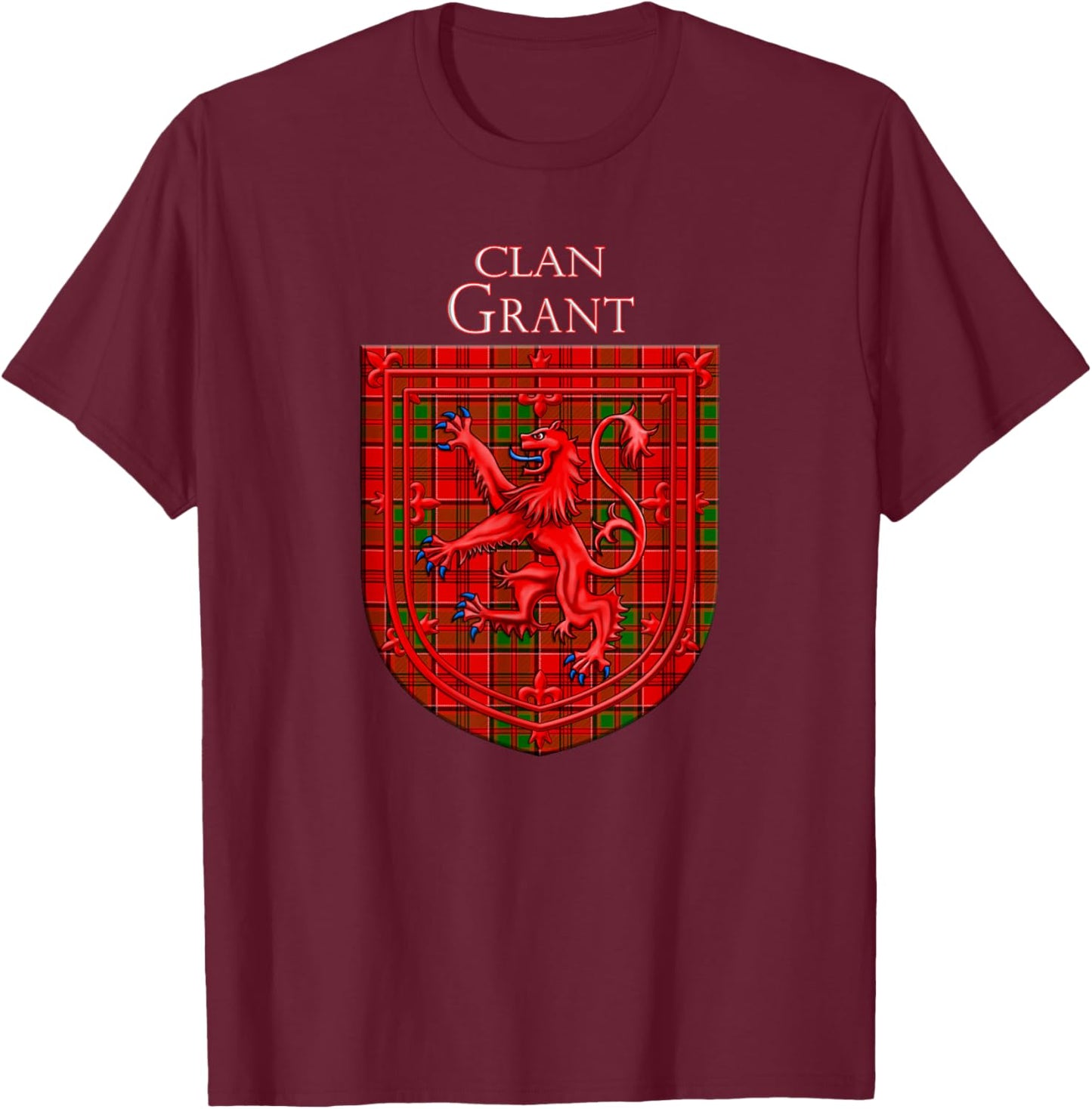 Grant Tartan Scottish Plaid Lion Rampant T-Shirt - T-Shirt | Maroon