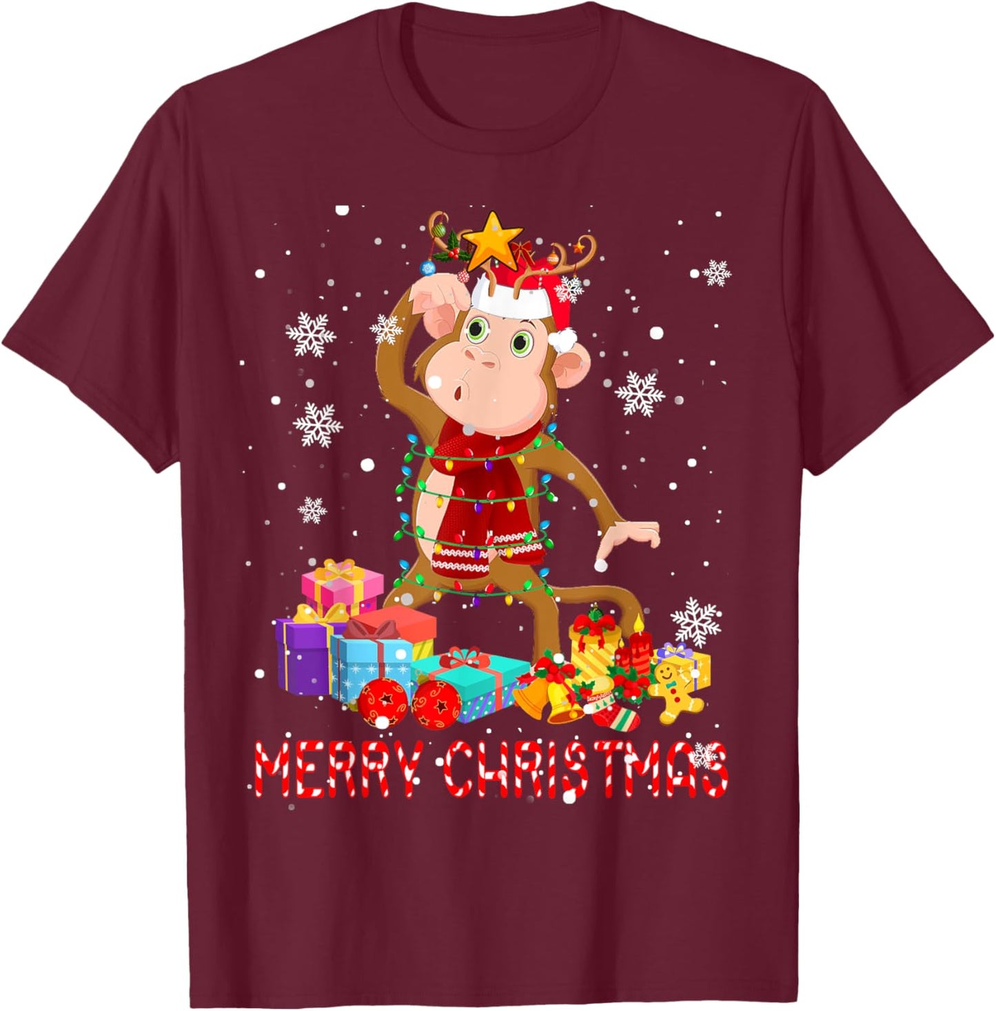 Merry Christmas Cute Christmas Lights Santa Reindeer Monkey T-Shirt - T-Shirt | Maroon