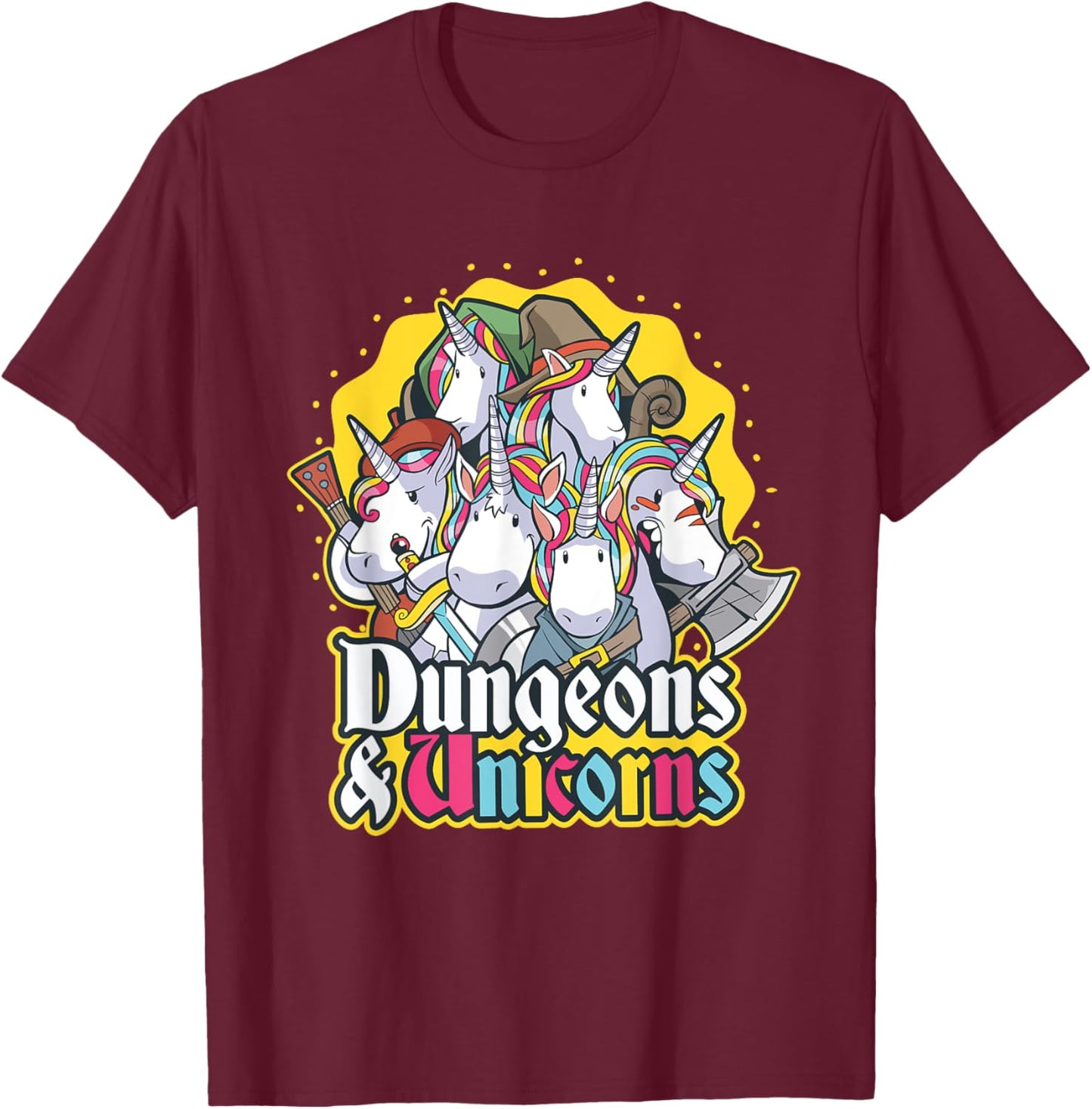 NobleTeeShop Dungeons and Unicorns - Women's -Adults Black Cotton 60% Polyester 40% Short Sleeve Classic Fit - Small T-Shirt - T-Shirt | Maroon