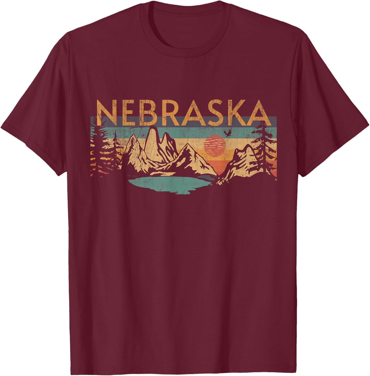 Nebraska USA Outdoor Vintage Nebraska Grey Retro Sunset Classic Fit Short Sleeve -Adults Small T-Shirt - T-Shirt | Maroon