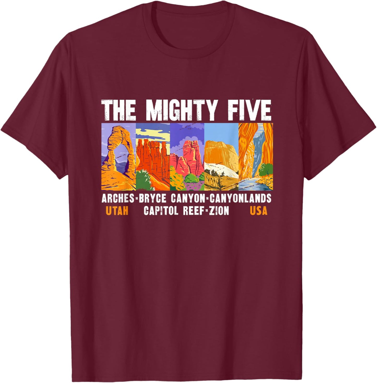 Mighty Five Utah National Parks Distressed Vintage T-Shirt - T-Shirt | Maroon
