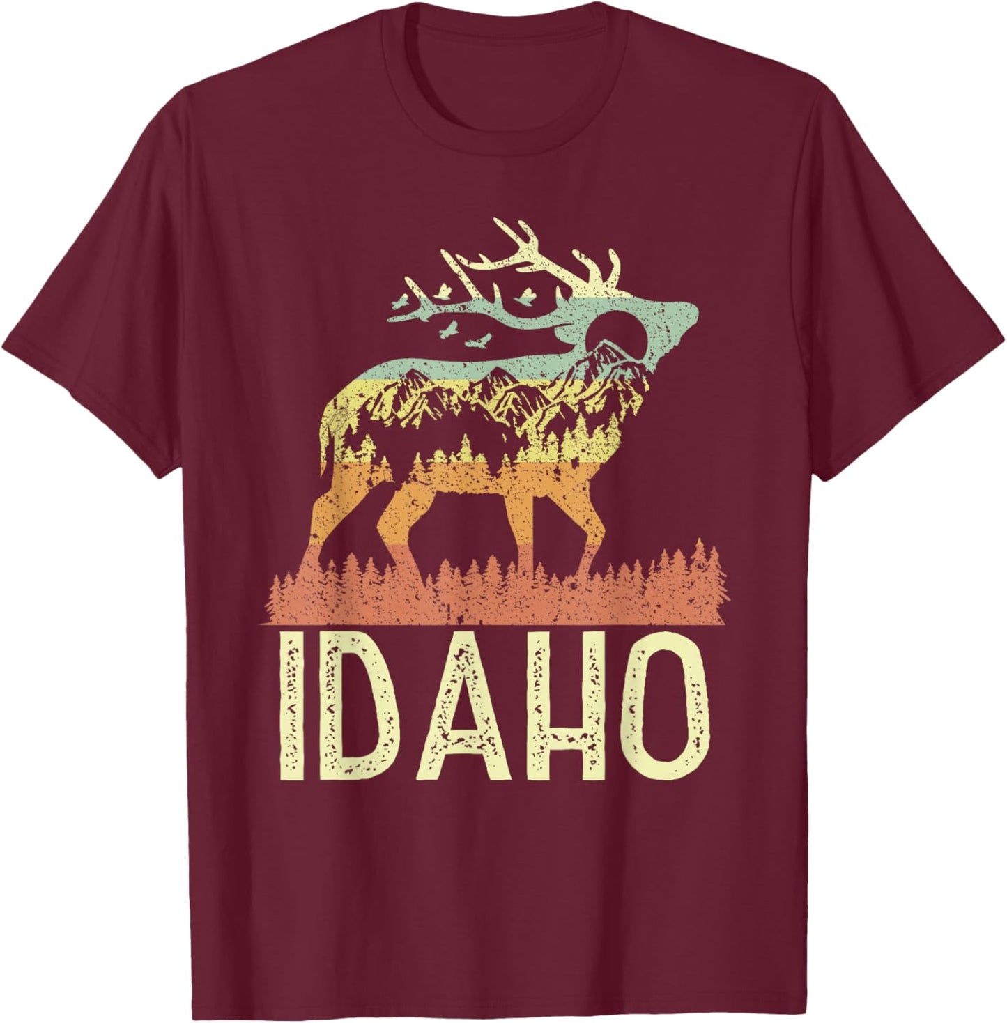 Idaho Retro Mountain Vintage Elk Hiking Men Women Kids Gift T-Shirt - T-Shirt | Maroon