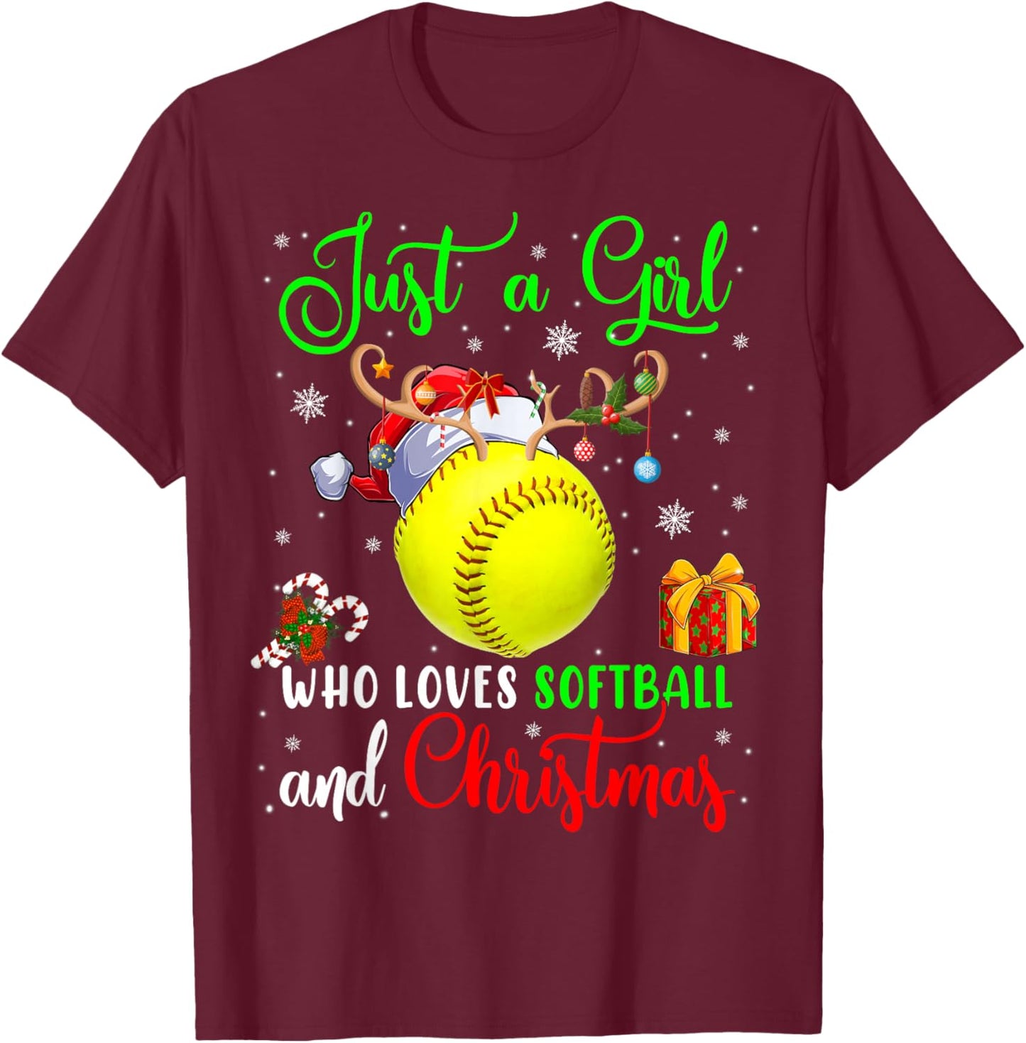 Just A Girl Who Loves Softball And Christmas Santa Reindeer T-Shirt - T-Shirt | Maroon