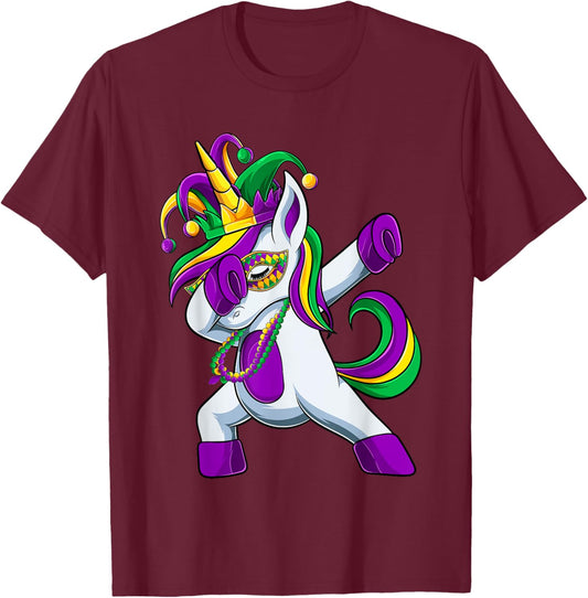 Dabbing Jester Unicorn Mardi Gras Shirt, Kids Girls T-Shirt - T-Shirt | Maroon