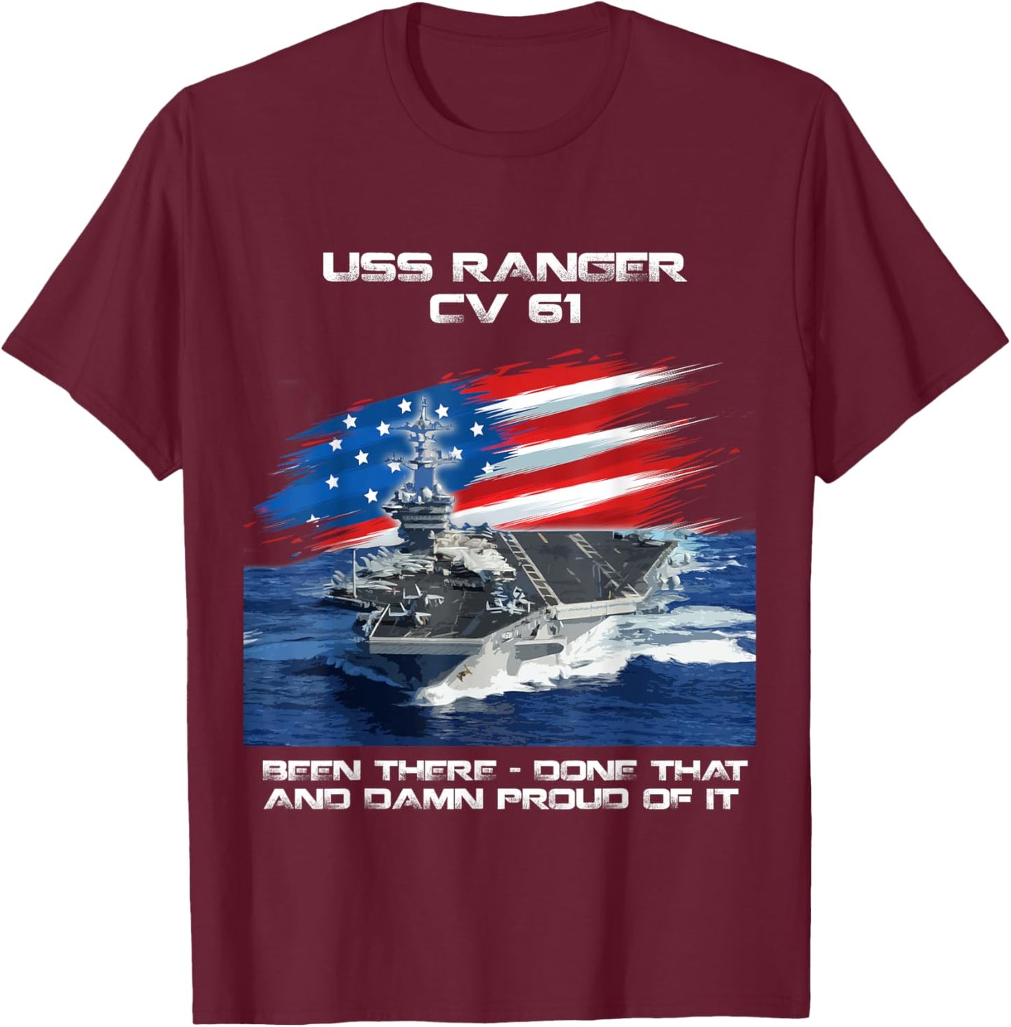 USS Ranger CV 61 Aircraft Carrier Veteran USA Flag Xmas T-Shirt - T-Shirt | Maroon