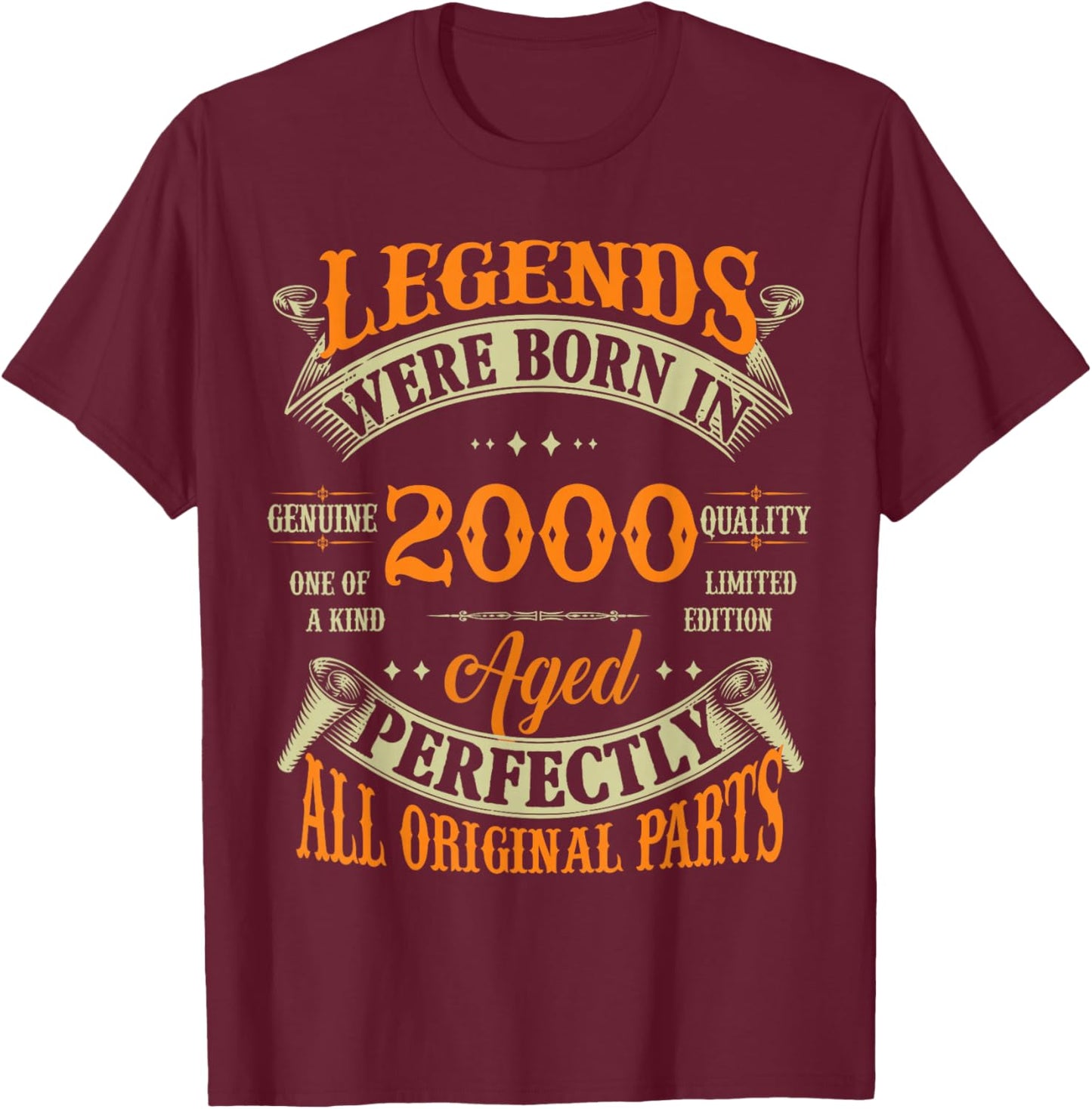 25th Birthday Vintage Legends Born In 2000 25 Years Old T-Shirt - T-Shirt | Maroon