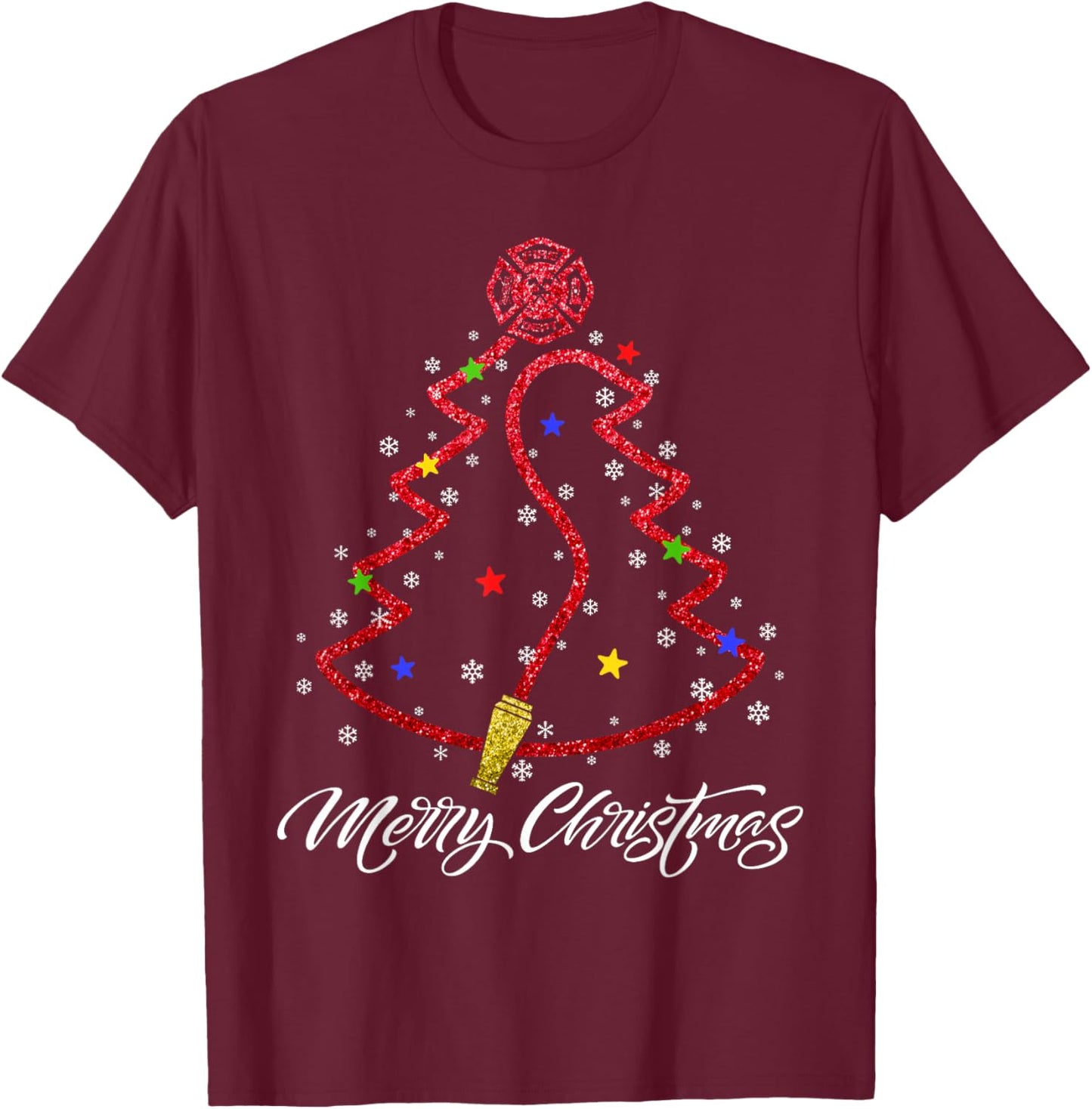 Merry Christmas Firefighter Christmas Tree Fire Department T-Shirt - T-Shirt | Maroon