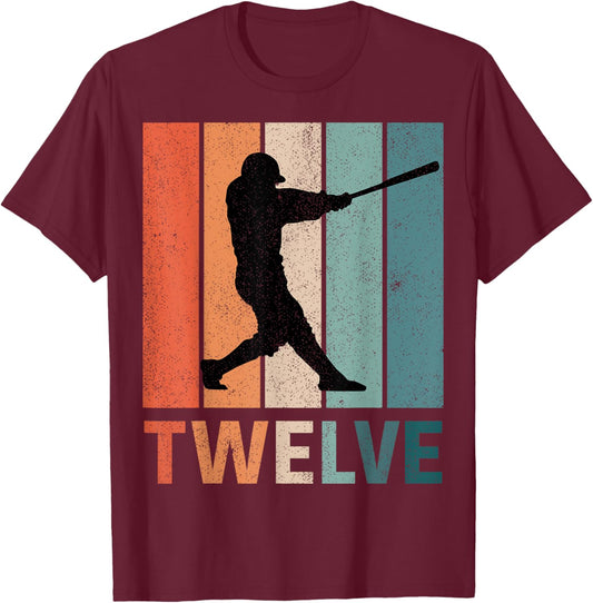 12th Birthday Retro Baseball Player Boys Kids 12 Years Old T-Shirt - T-Shirt | Maroon