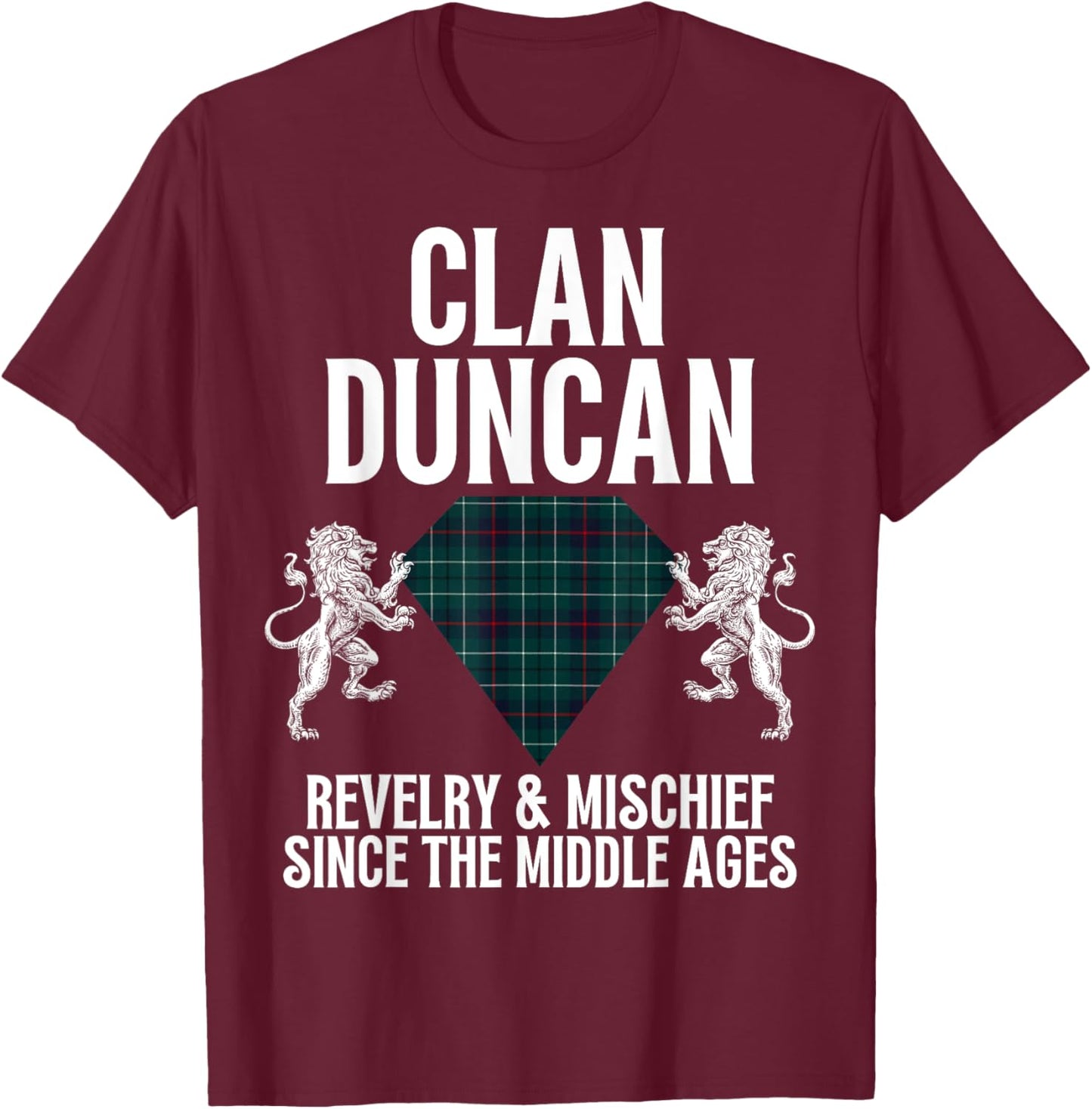 HighlandFour Duncan Clan Scottish Name Coat Of Arms Tartan Family Party T-Shirt - T-Shirt | Maroon