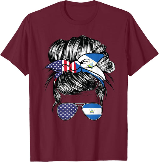 Nicaragua Flag American Women Girl USA Heritage Nicaraguan T-Shirt - T-Shirt | Maroon