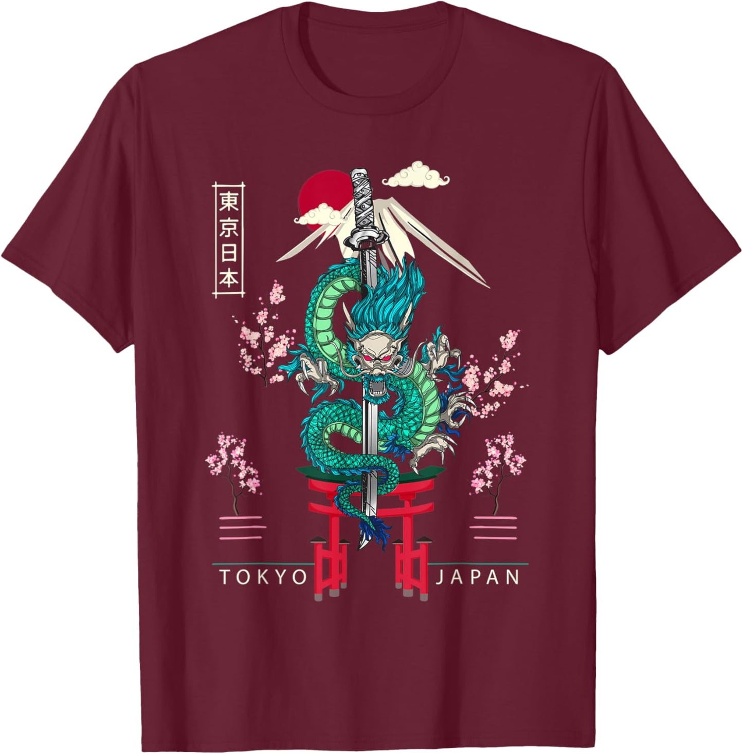 Japanese Tokyo Dragon Asian 80’s style T-Shirt - T-Shirt | Maroon